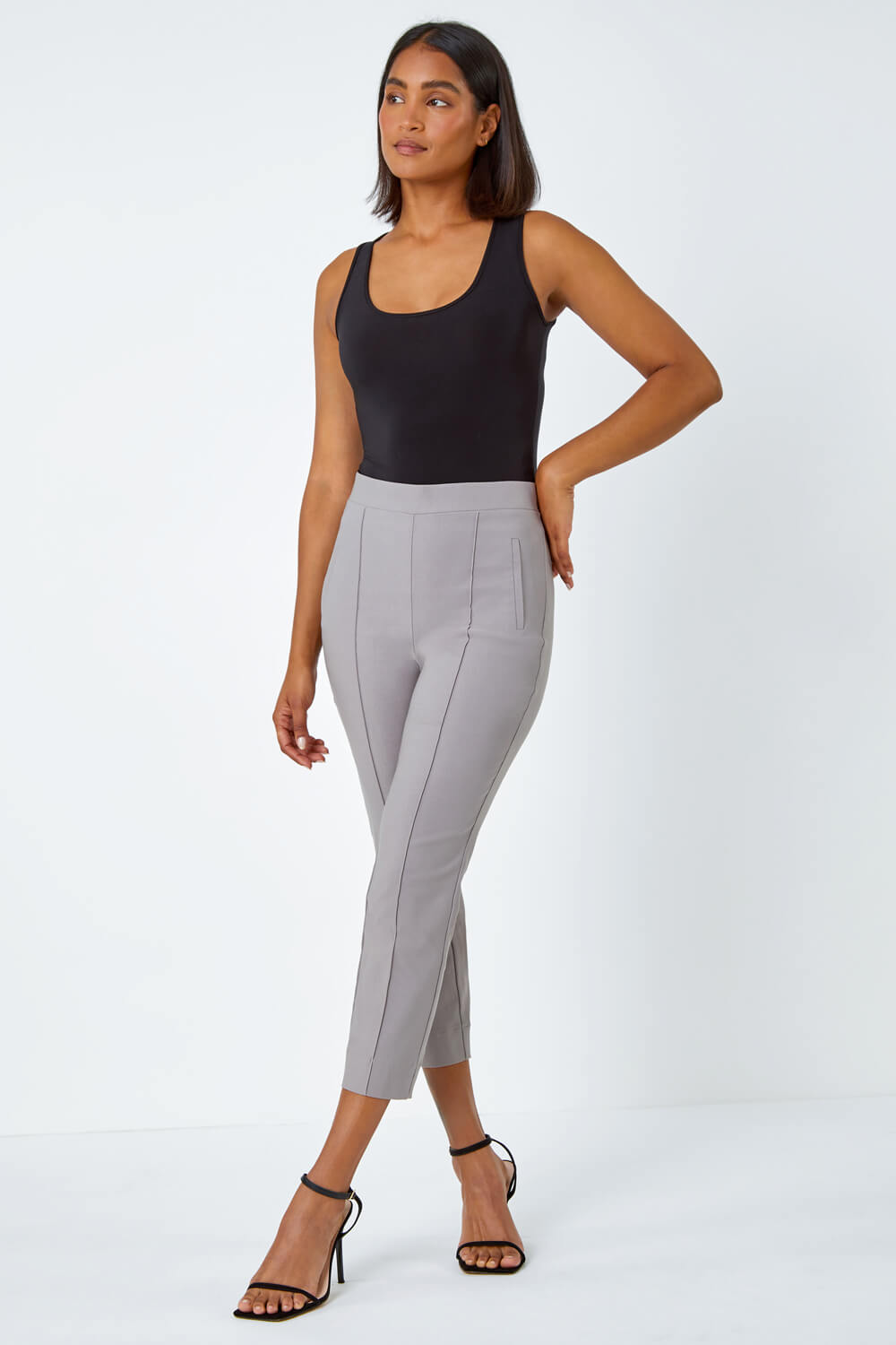 Taupe Seam Detail Stretch Cropped Trousers, Image 2 of 5