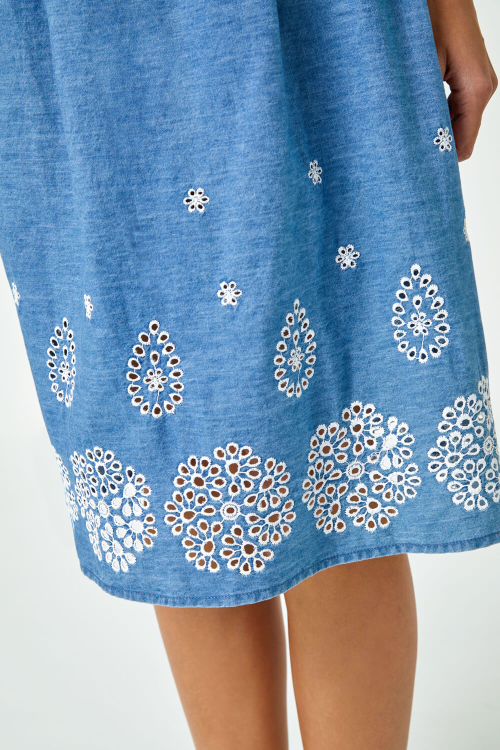 Denim Sleeveless Cotton Embroidered Midi Dress, Image 5 of 5