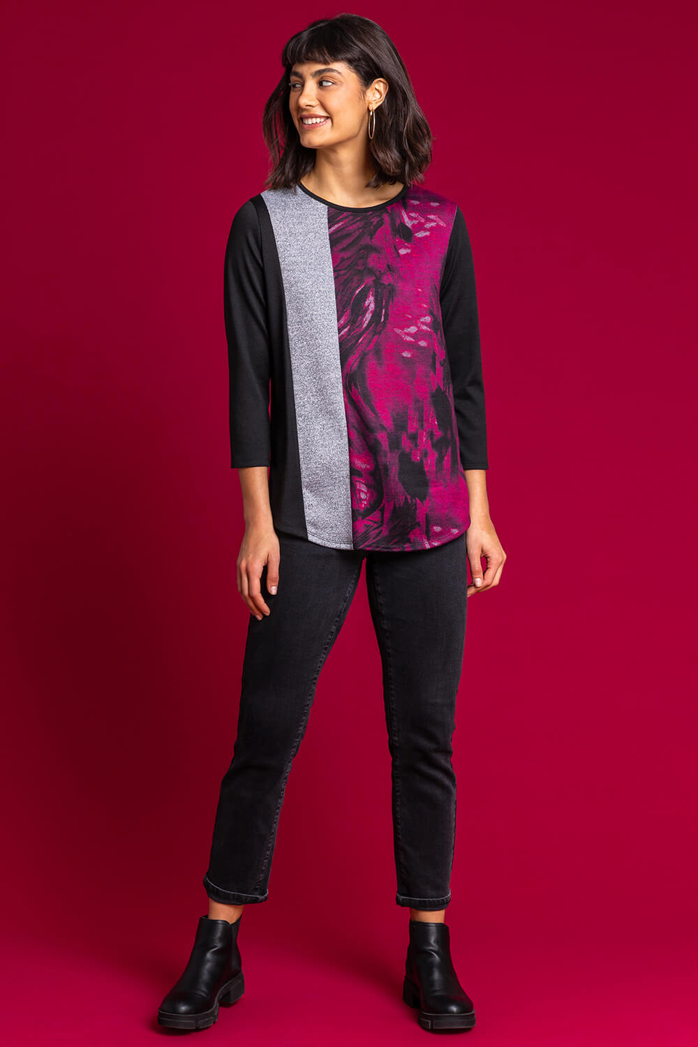 CERISE Abstract Print Colour Block Top, Image 3 of 5