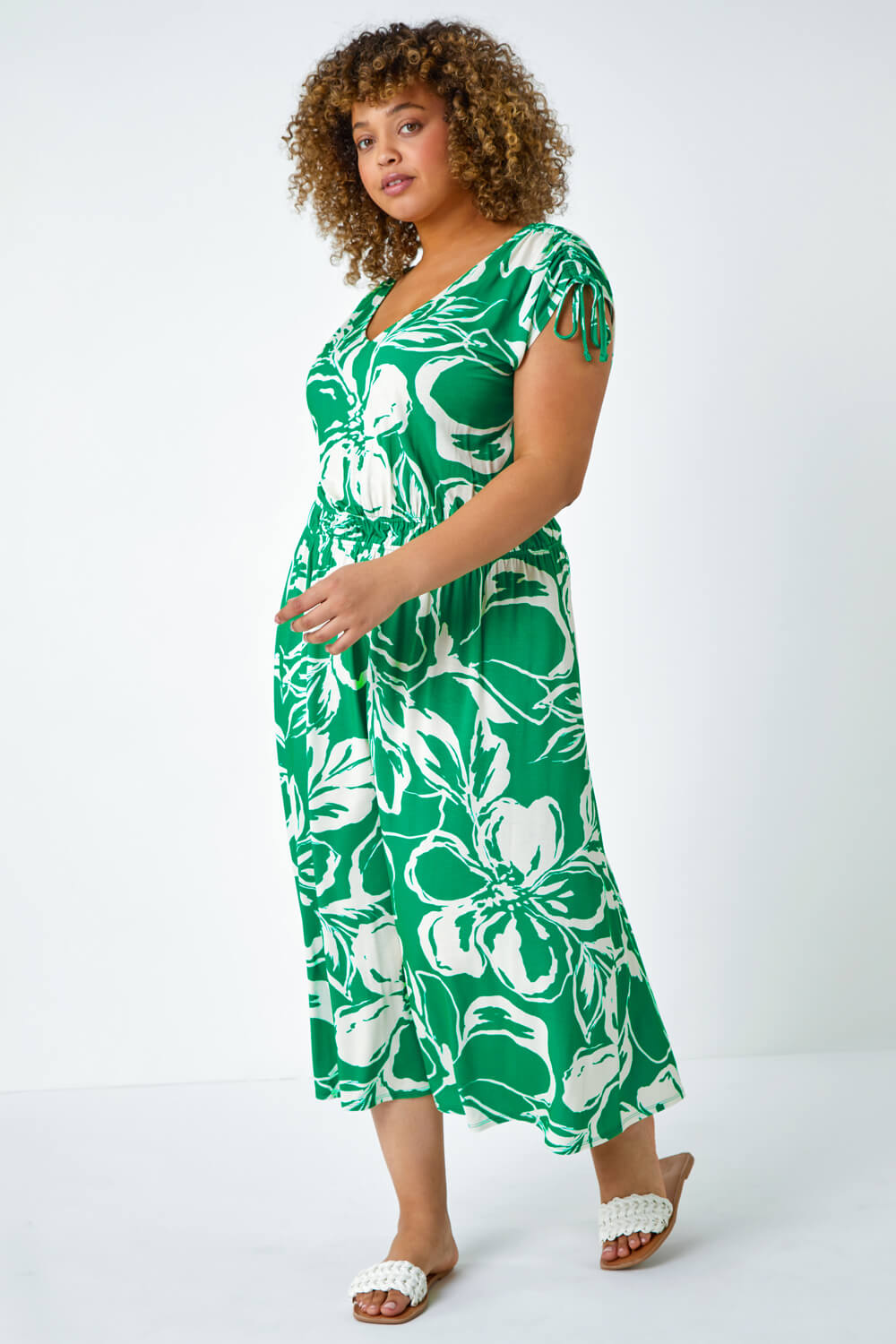 Green Curve Floral Print Ruched Stretch Midi Dress, Image 2 of 5
