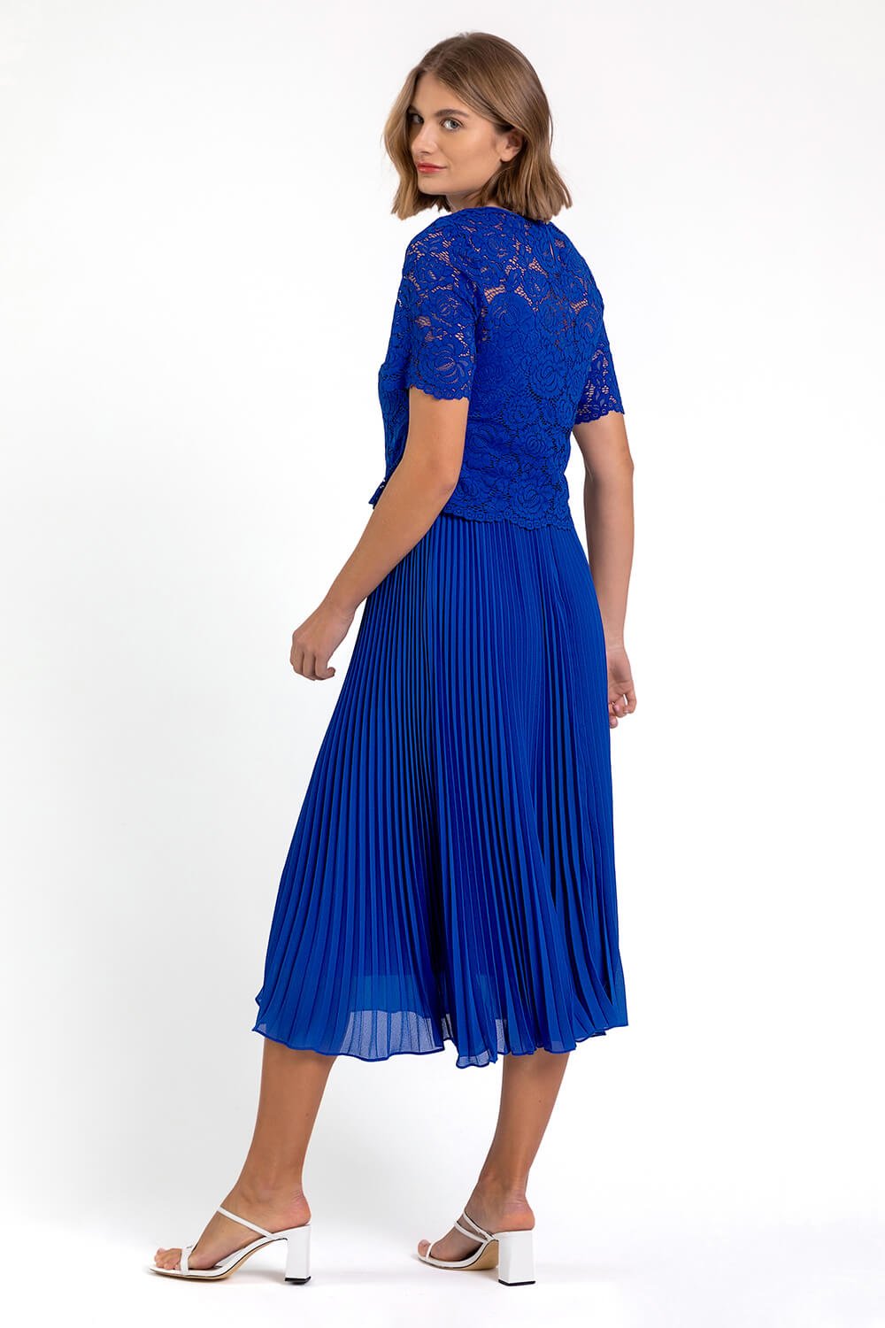 Royal Blue Lace Top Overlay Pleated Midi Dress, Image 2 of 4