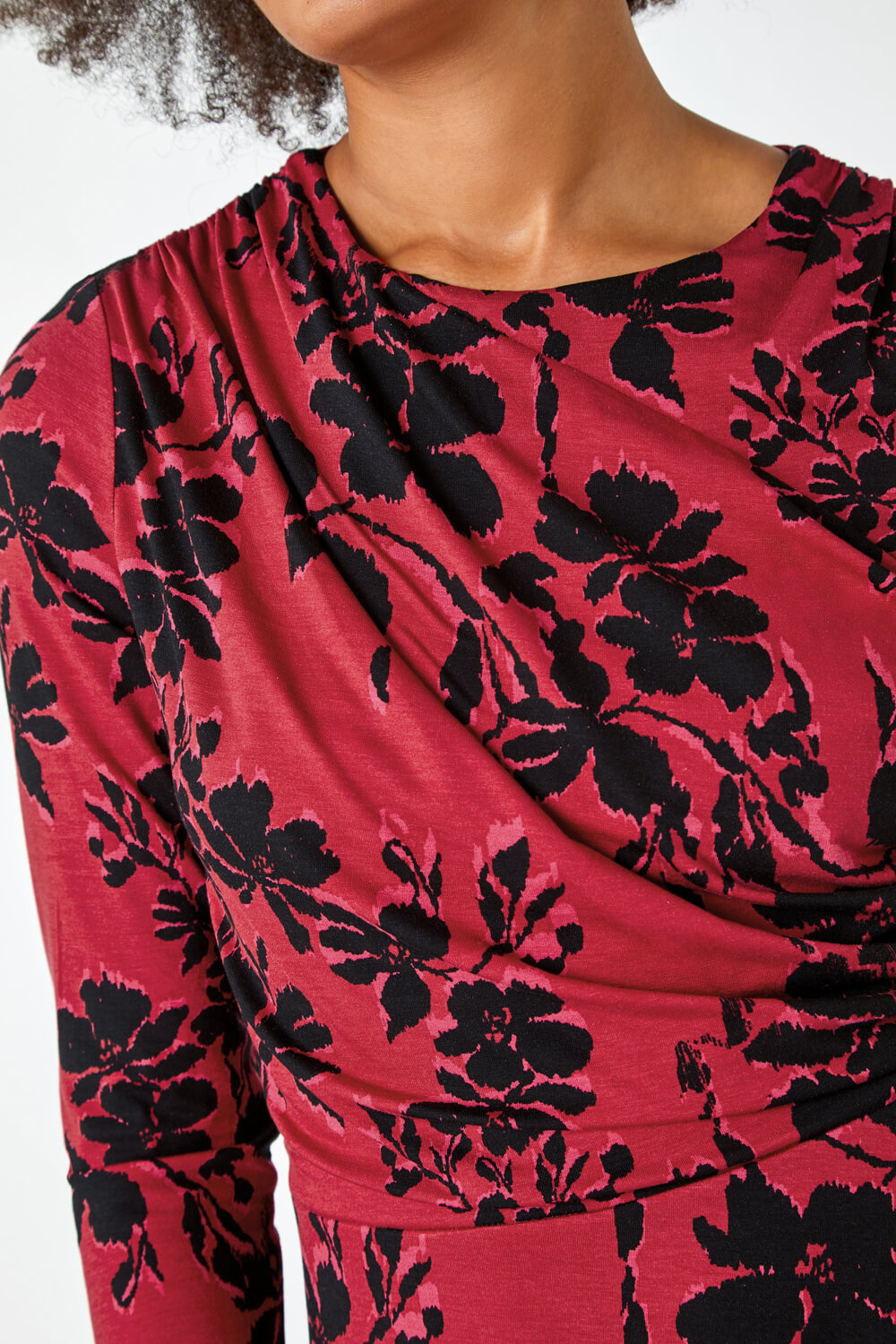 Red Floral Ruched Waist Stretch Dress, Image 5 of 5