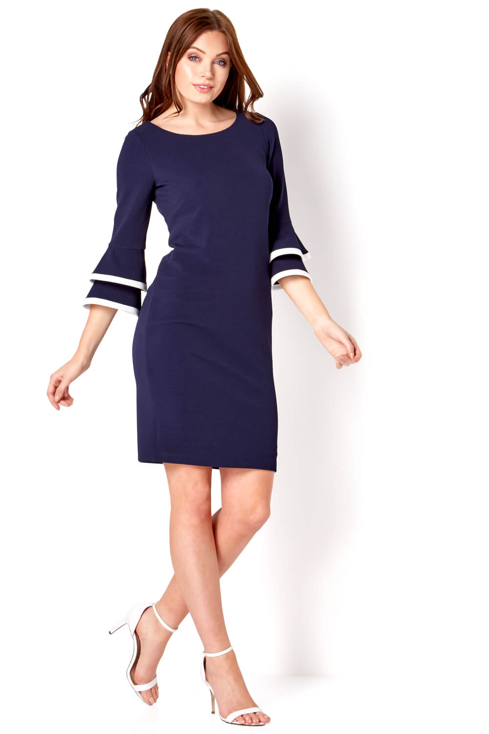 Navy  Double Fluted 3/4 Length Sleeve Dress, Image 2 of 4