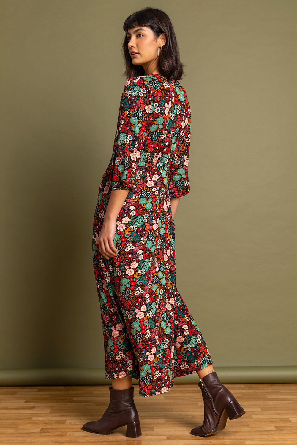 Rust Floral Print Tie Front Midi Dress, Image 2 of 5
