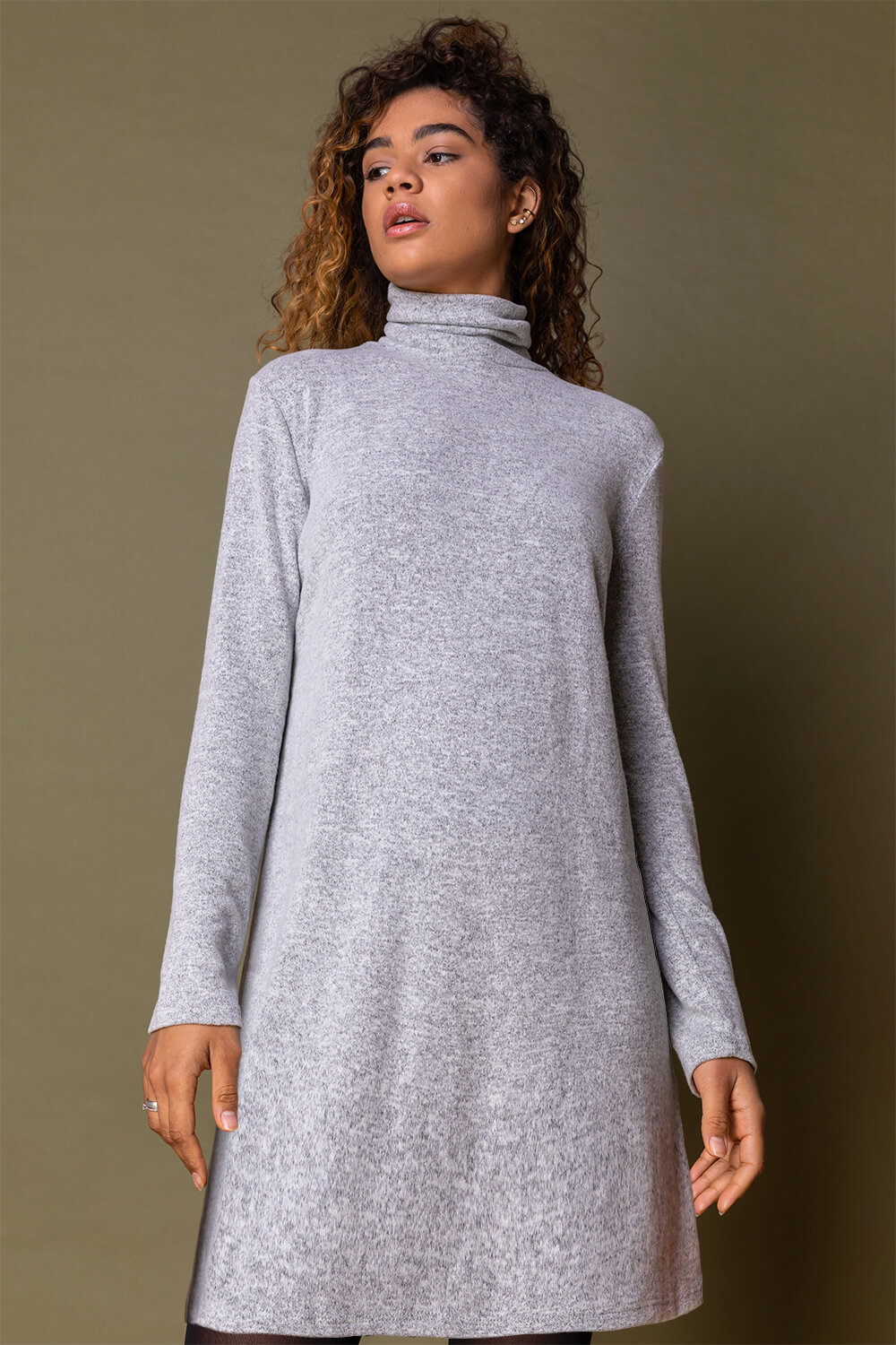 Light Grey Soft Knit Roll Neck Dress, Image 3 of 5