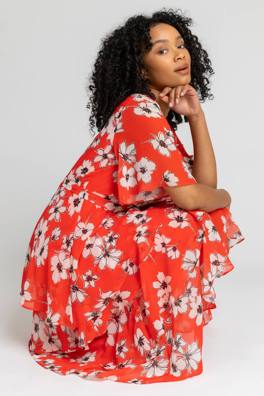 Red Petite Floral Print Tiered Frill Dress, Image 5 of 5