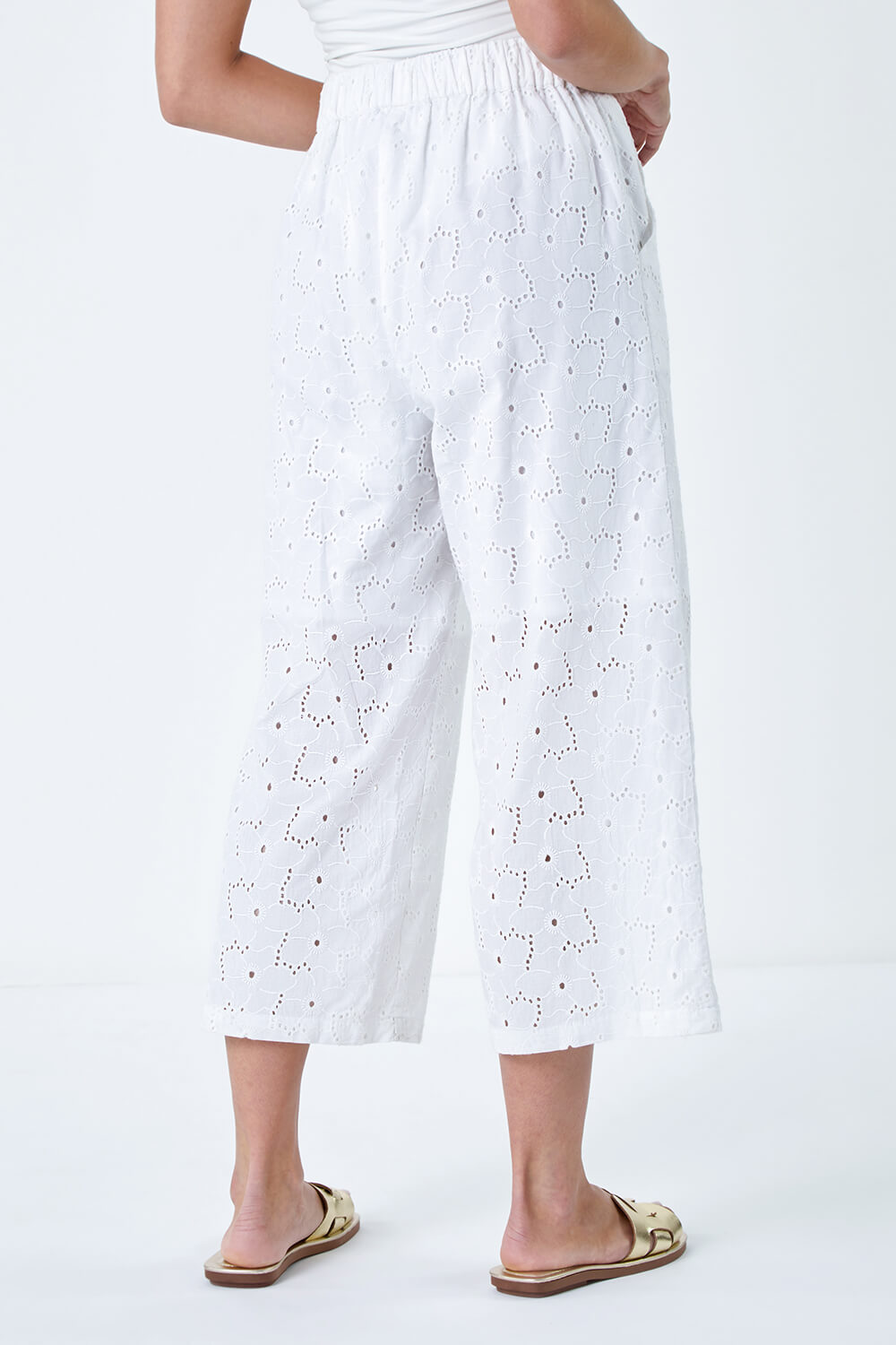 White Petite Cotton Broderie Culotte Trousers, Image 3 of 5