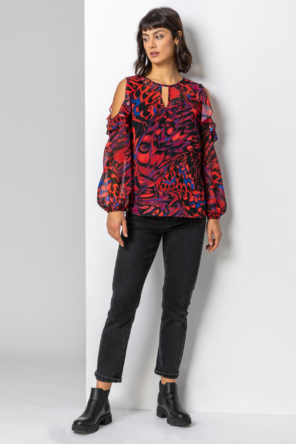 Red Abstract Butterfly Print Blouse, Image 3 of 4