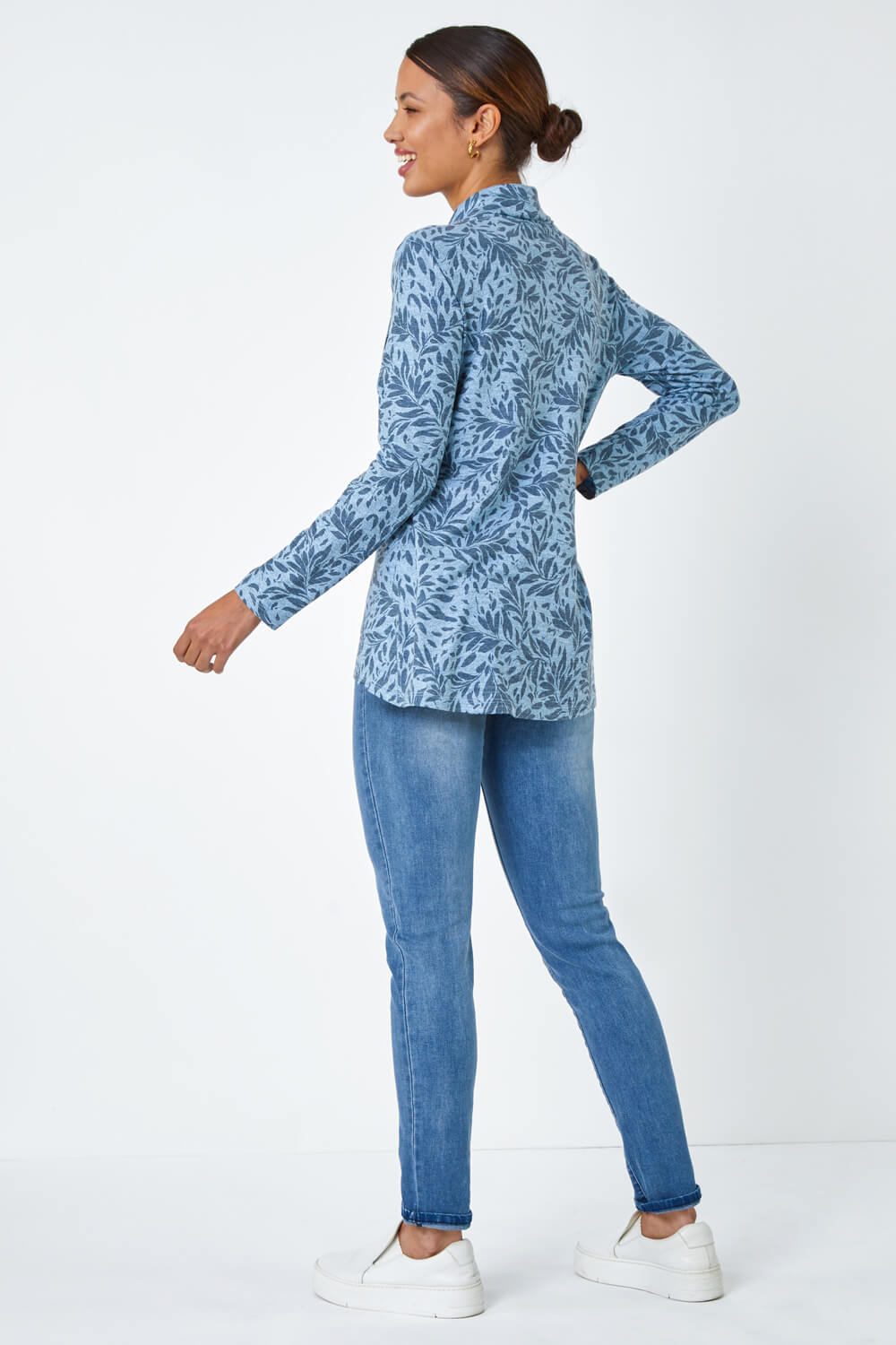 Blue Floral Print Cowl Neck Stretch Top , Image 3 of 5
