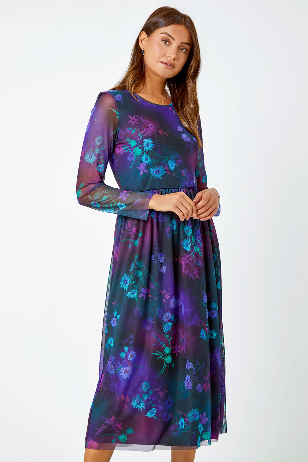 Purple Floral Mesh Midi Stretch Dress | Roman UK