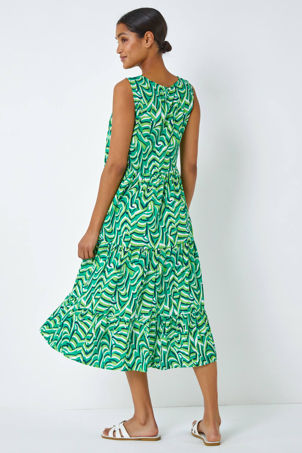 Green Geometric Sleeveless Smock Dress, Image 4 of 5