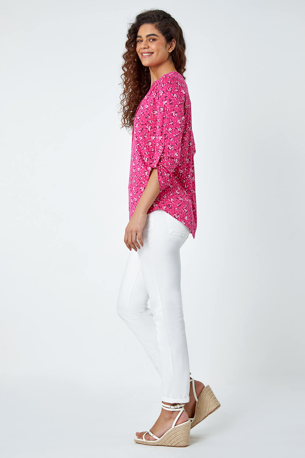 Fuchsia Ditsy Floral Notch Neck Stretch Top, Image 3 of 5
