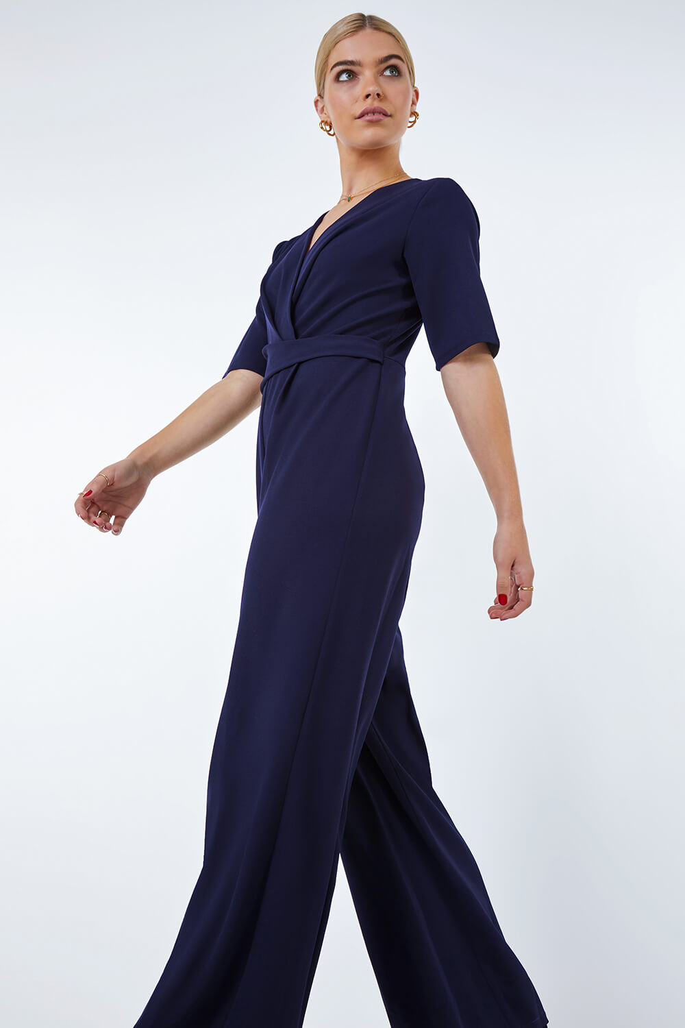 Navy  Gathered Wrap Stretch Jumpsuit , Image 2 of 5