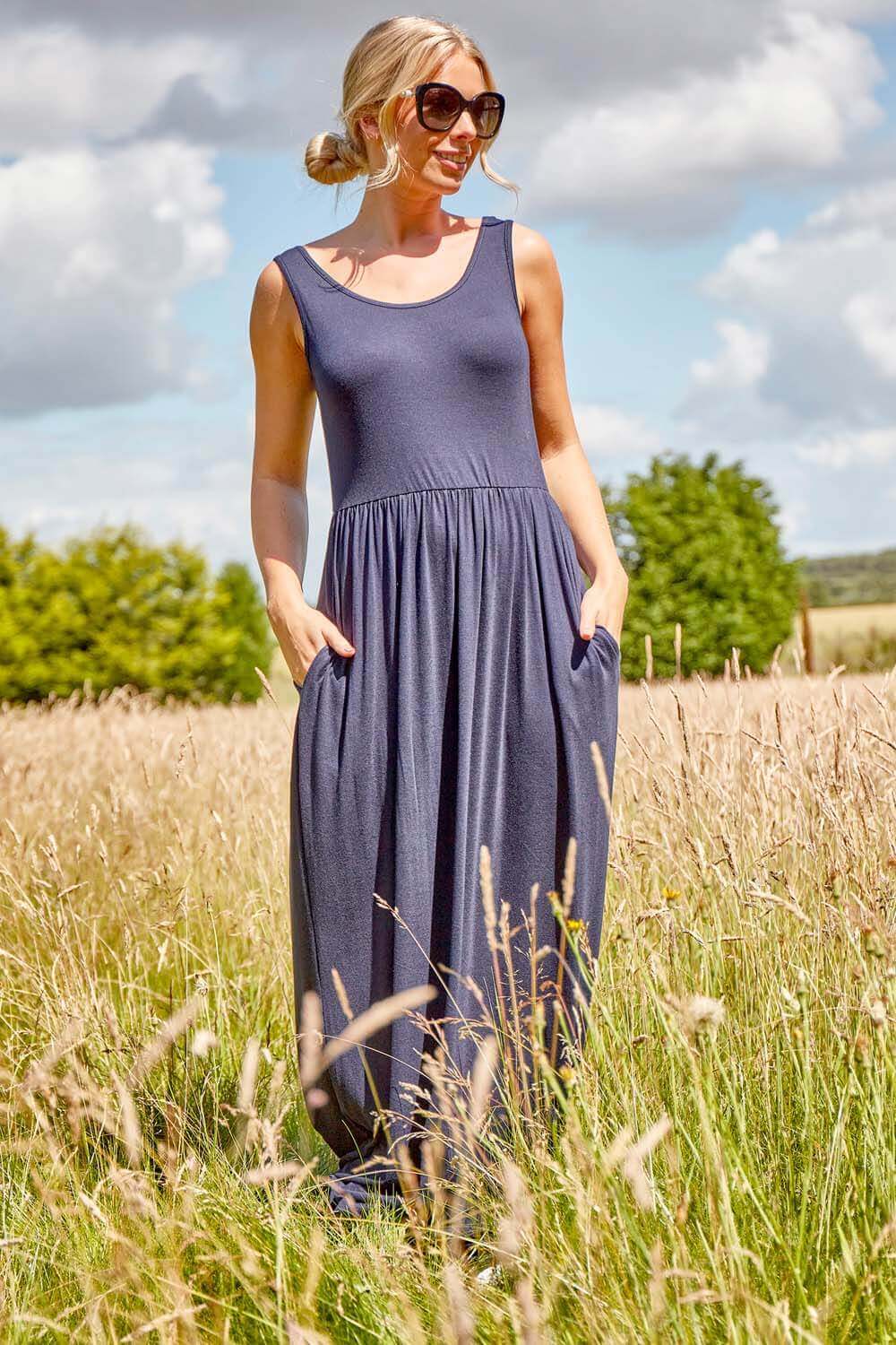 Square Back Jersey Maxi Dress in Navy ...