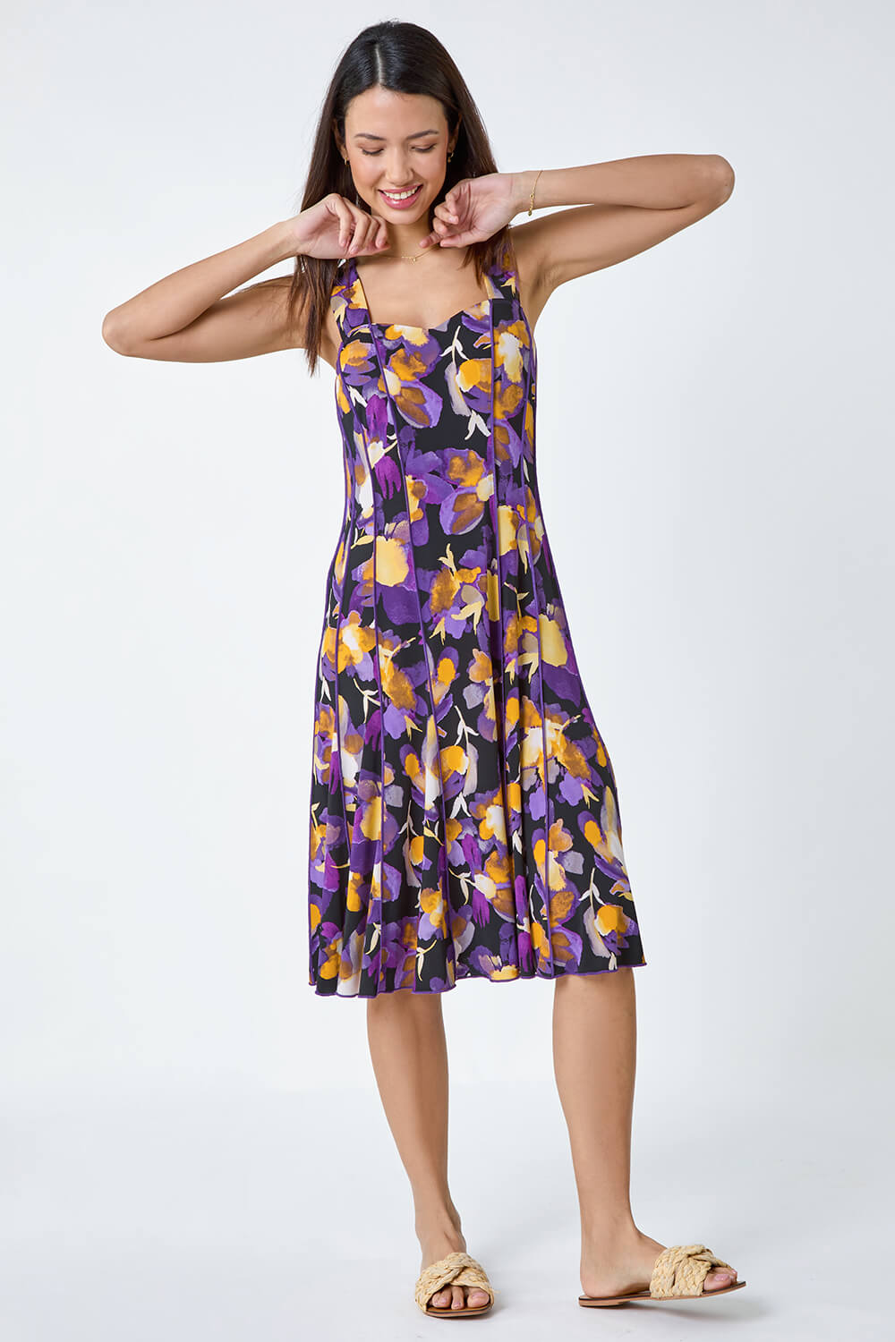 Abstract Floral Print Stretch Panel Dress