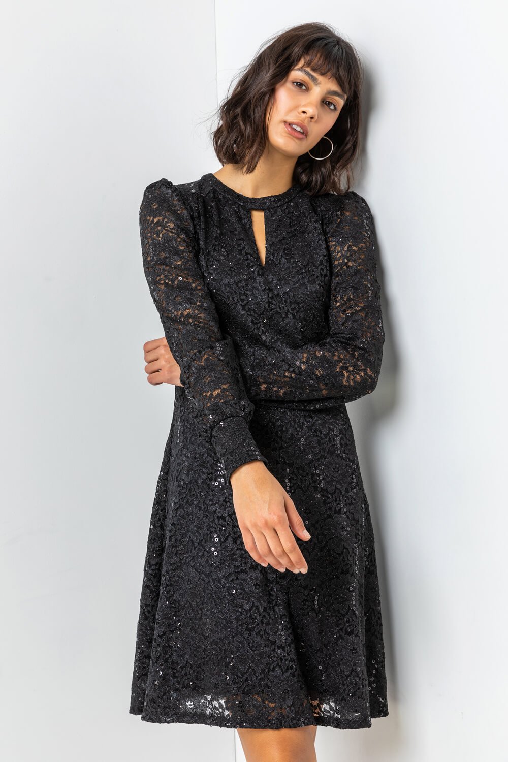 Black Lace Sparkle Swing Dress | Roman UK