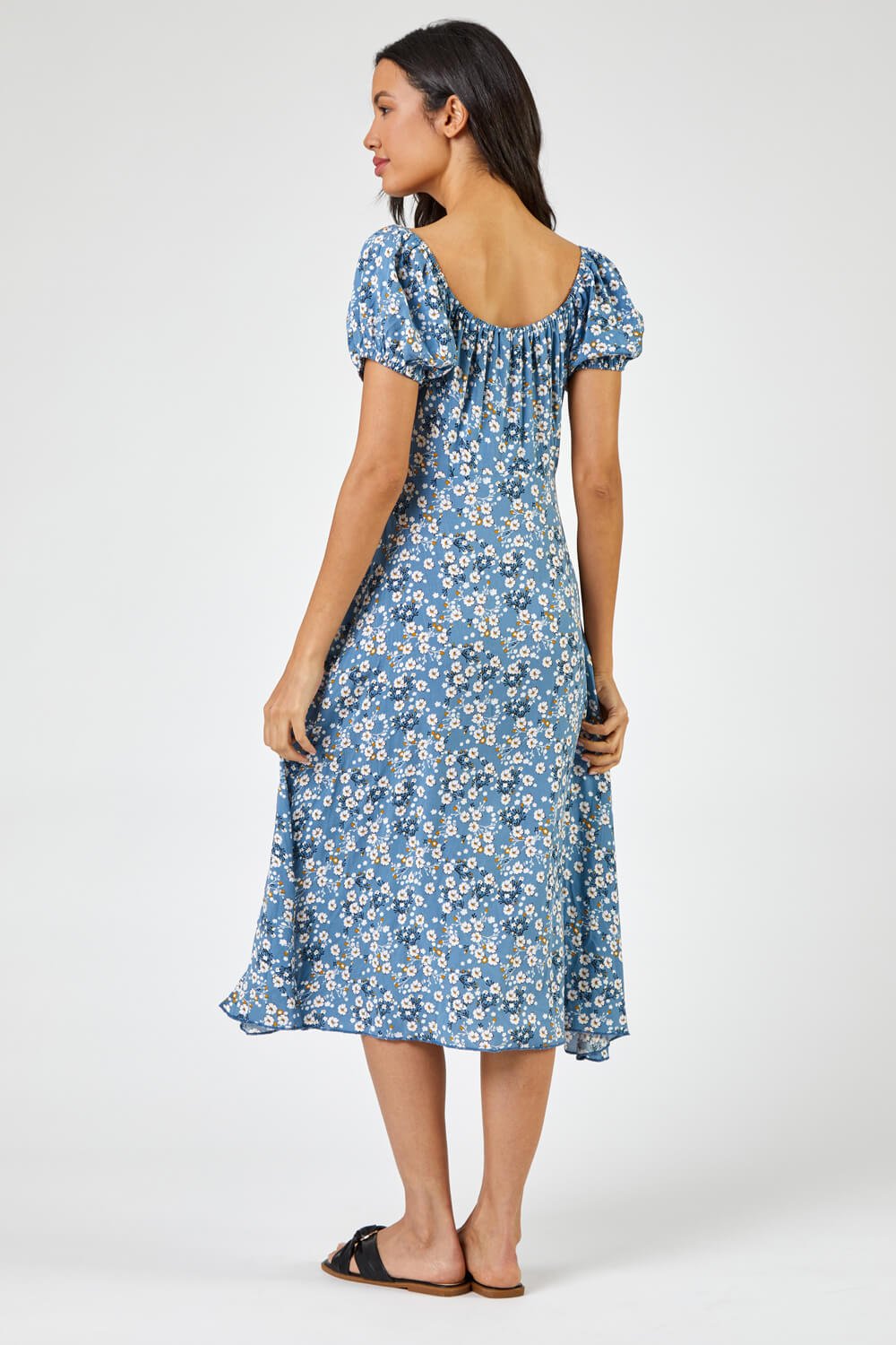 Blue Ditsy Floral Tie Neck Midi Dress, Image 2 of 5
