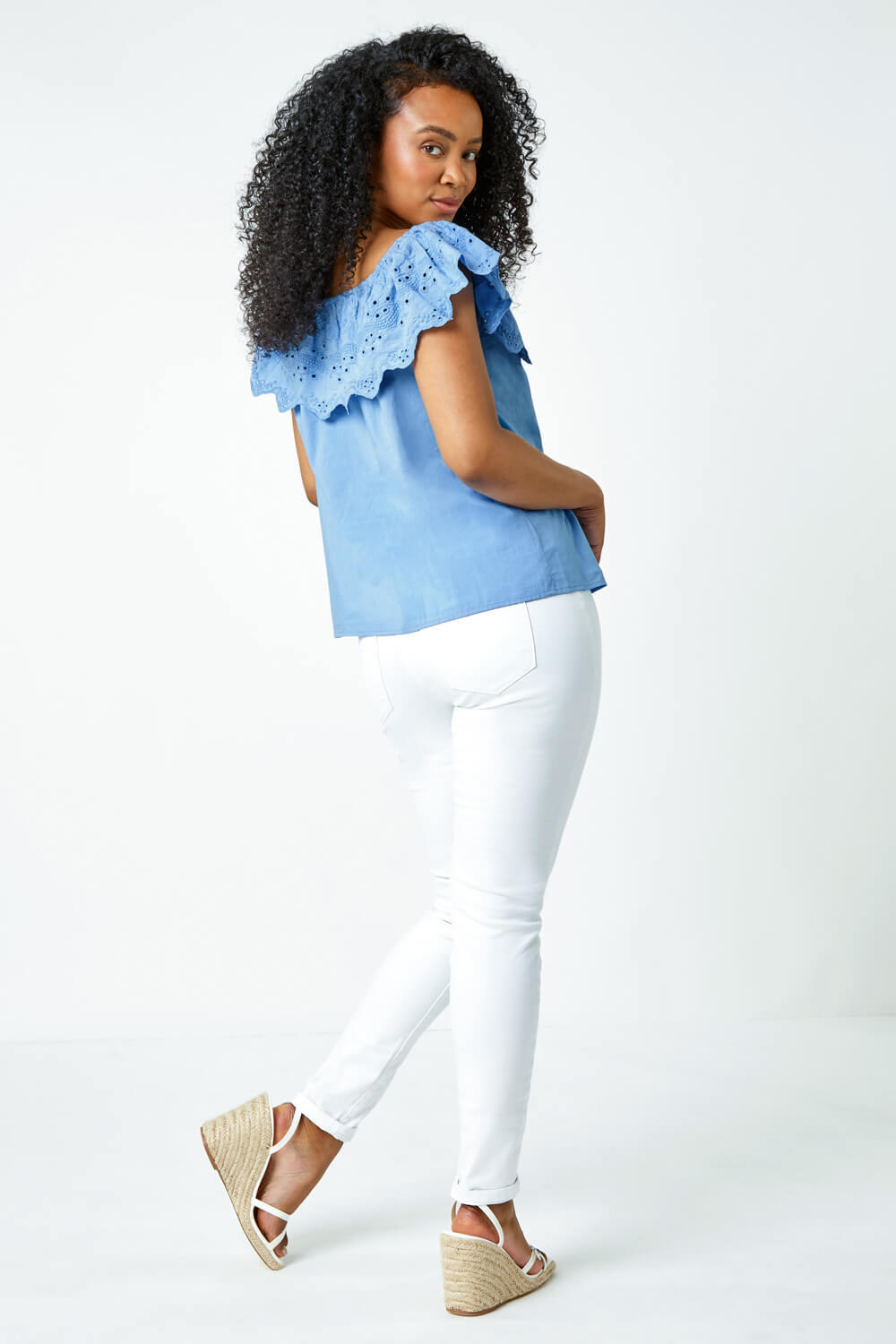 Blue Petite Embroidered Cotton Bardot Top, Image 3 of 5