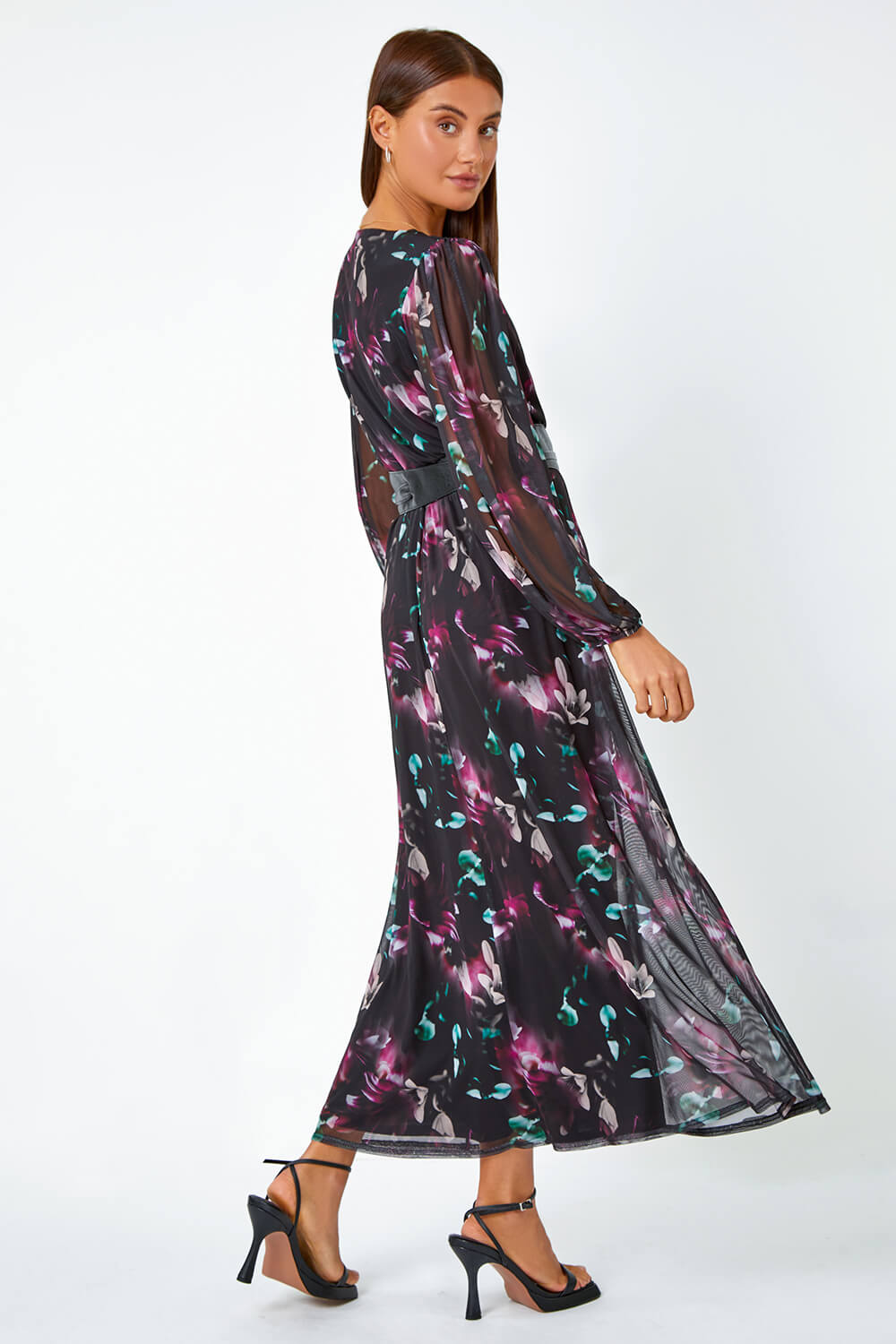 Black Floral Print Belted Midi Stretch Dress, Image 3 of 5