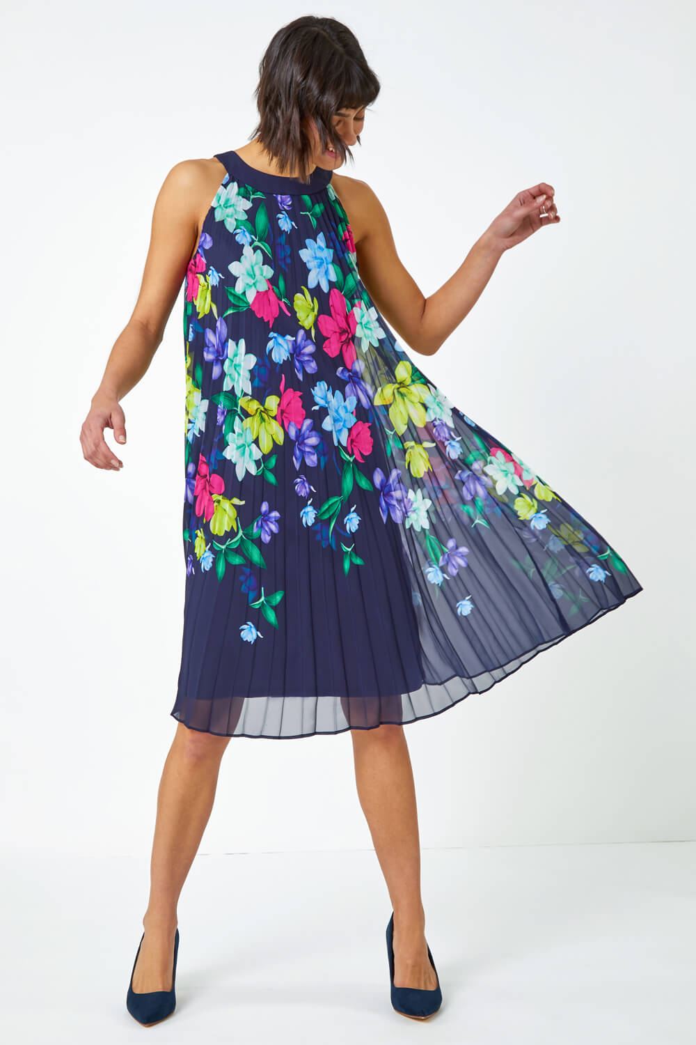 Navy  Halter Neck Floral Pleated Swing Dress , Image 2 of 5