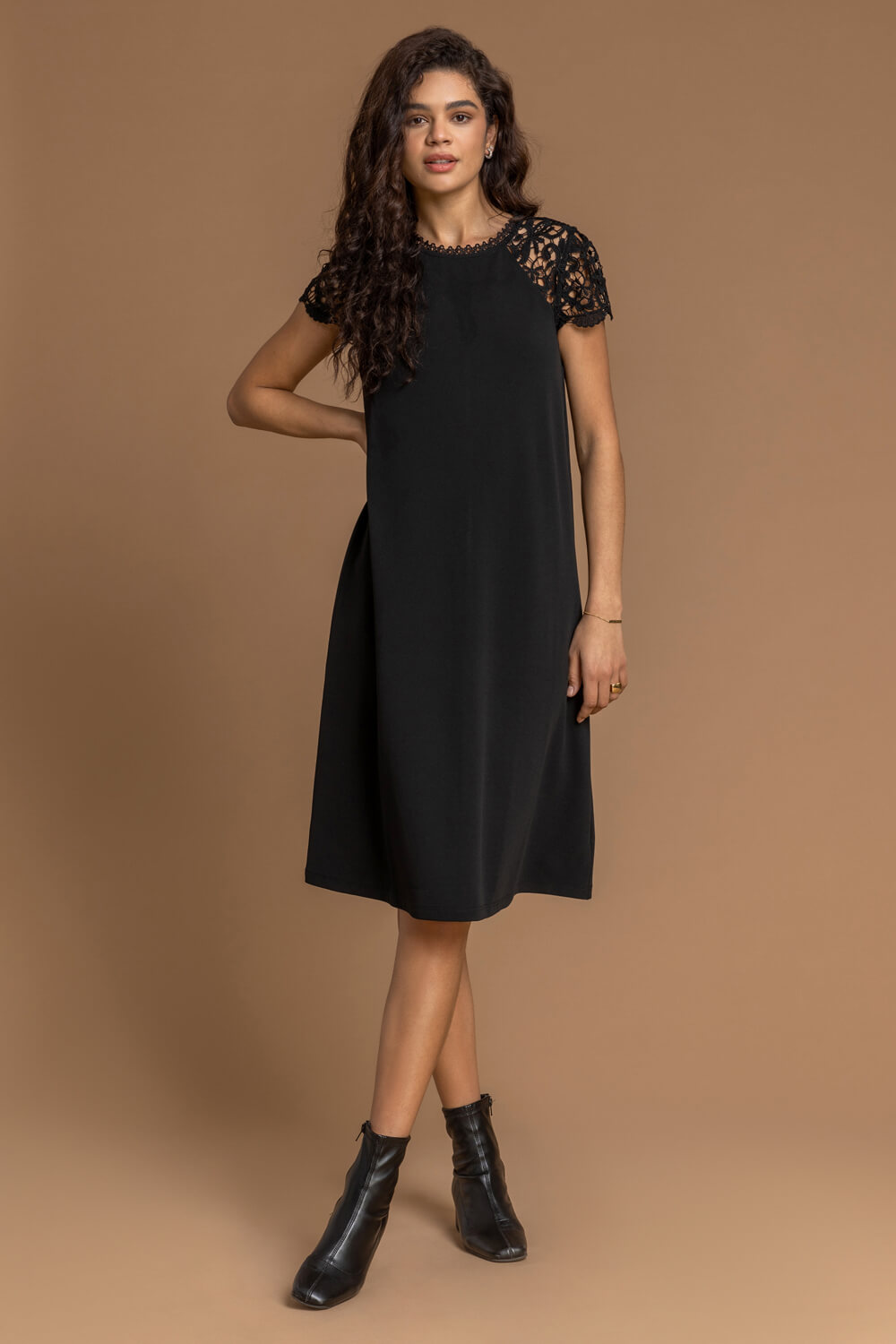 Black Lace Trim High Neck Shift Dress, Image 3 of 4