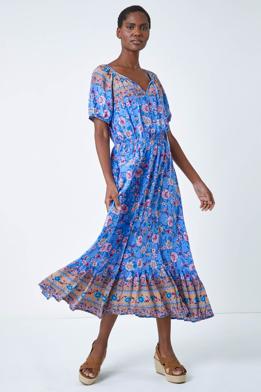 Blue Floral Print Keyhole Maxi Dress, Image 4 of 5