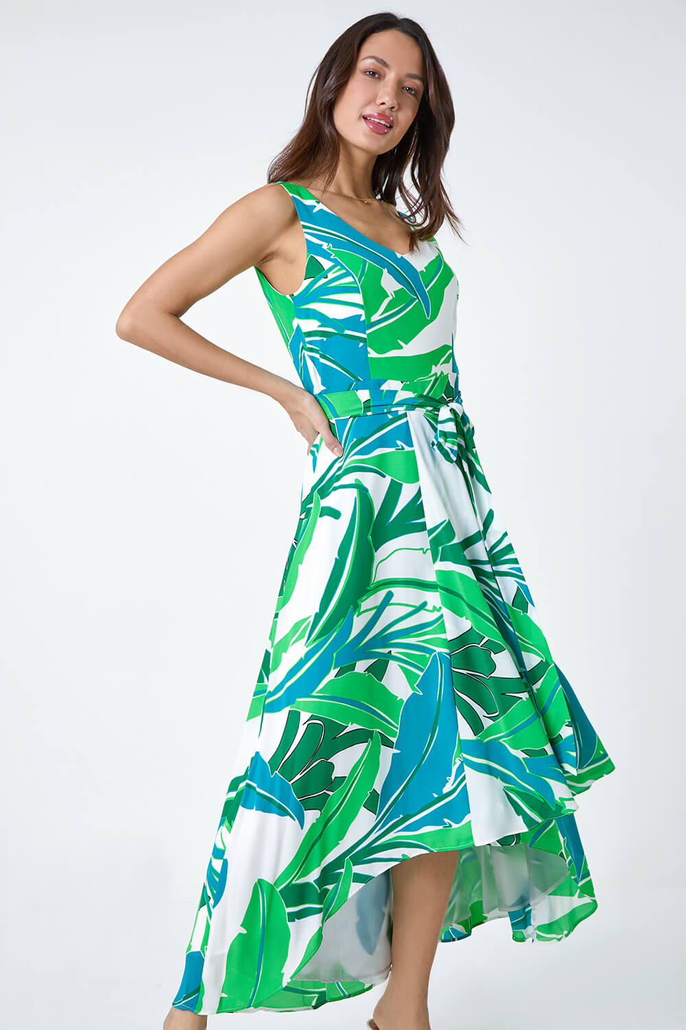Sleeveless Palm Print High Low Maxi Dress