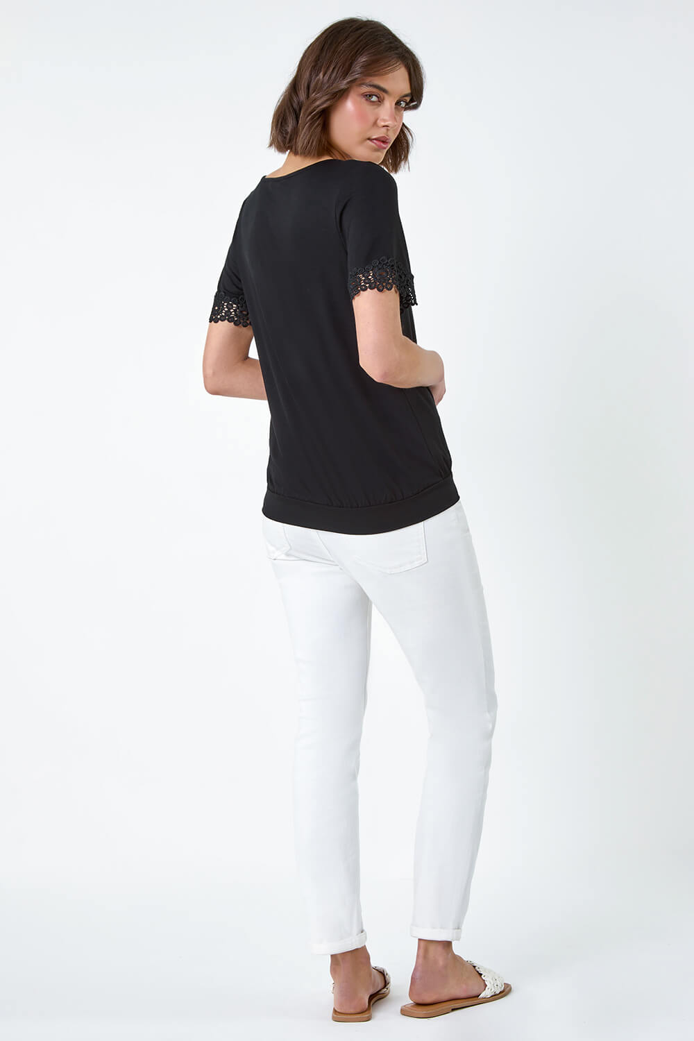 Black Lace Trim Stretch Jersey T-Shirt, Image 3 of 5