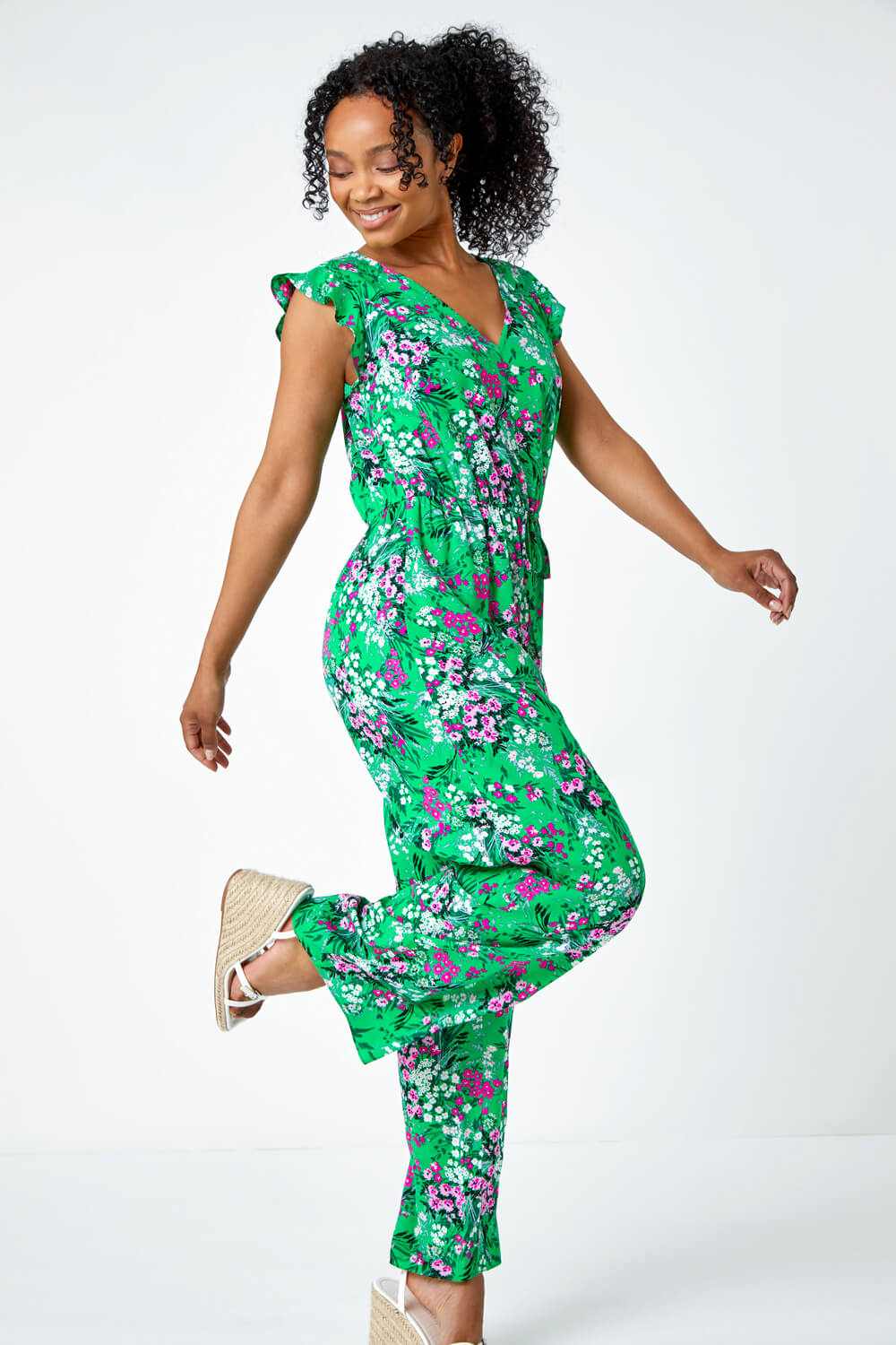 Green Petite Ditsy Floral Stretch Jumpsuit, Image 4 of 5