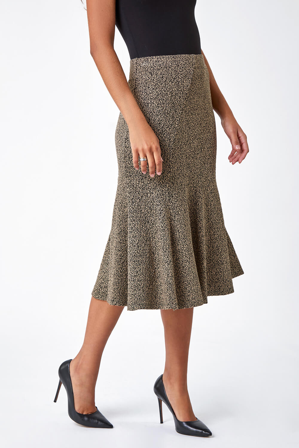Camel  Flared Textured Midi Stretch Skirt, Image 4 of 5