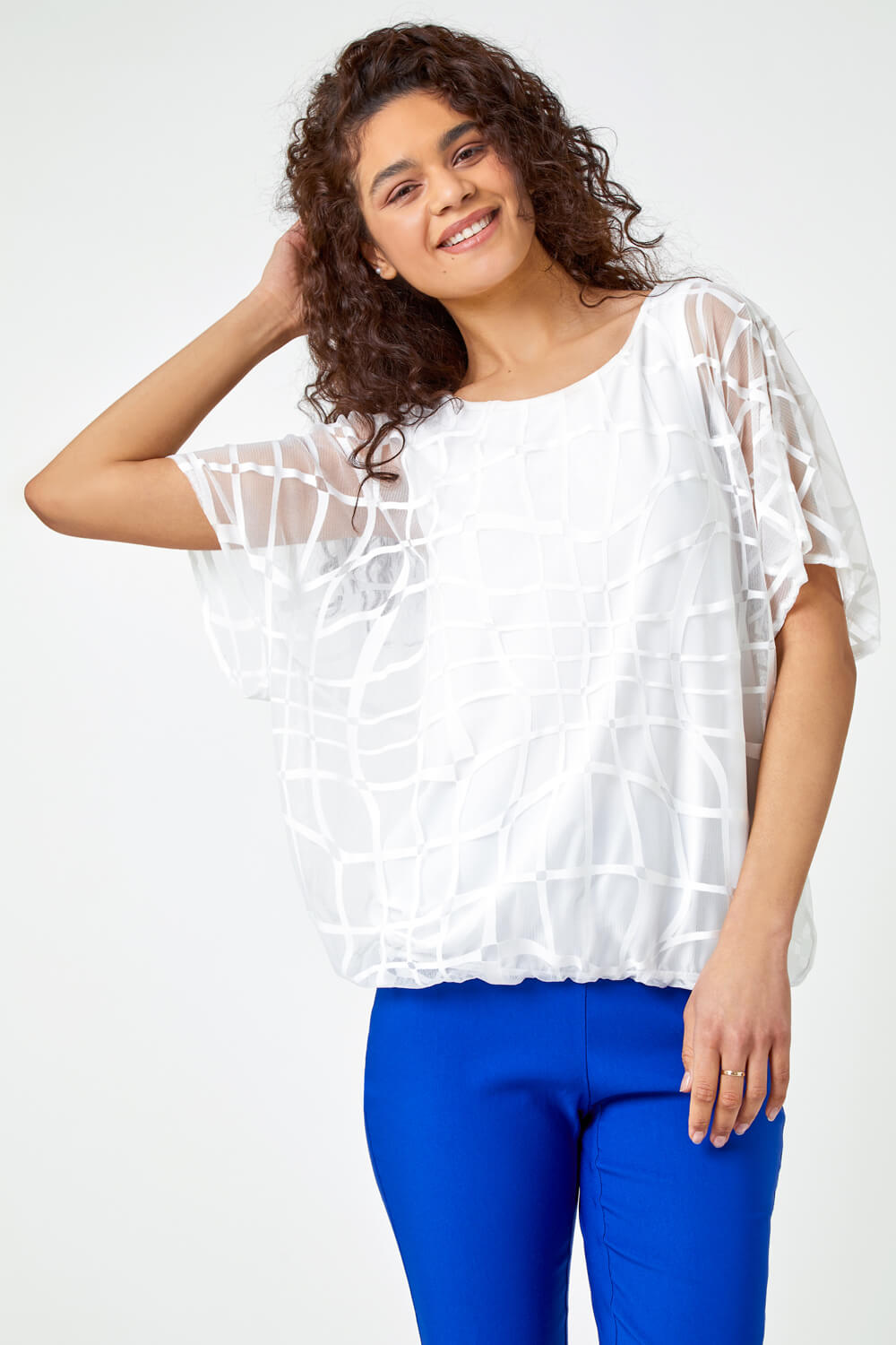 Ivory  Abstract Check Print Blouson Top, Image 4 of 5