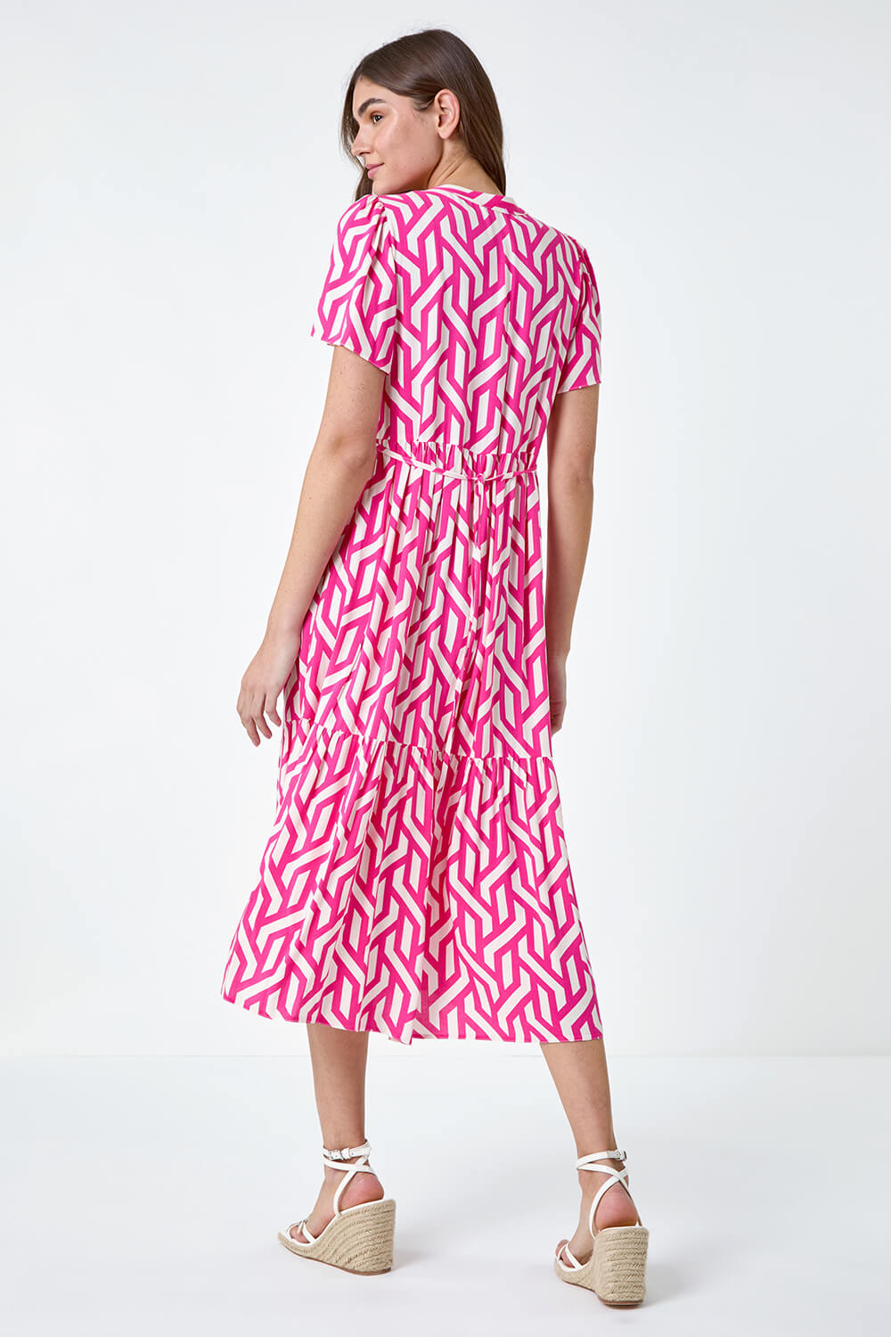 PINK Geometric Print Tiered Midi Dress, Image 3 of 5