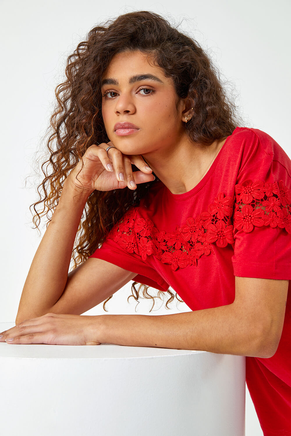 Red Lace Detail Jersey T-Shirt, Image 5 of 6