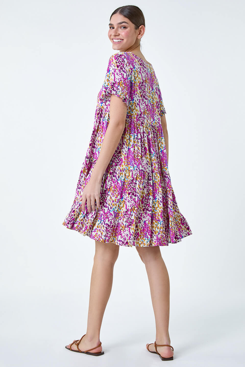 PINK Abstract Print Tiered Smock Dress, Image 3 of 5