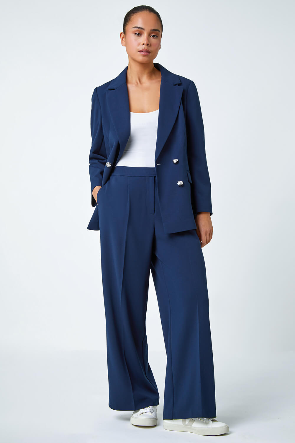 Navy  Petite Double Breasted Stretch Blazer, Image 2 of 6