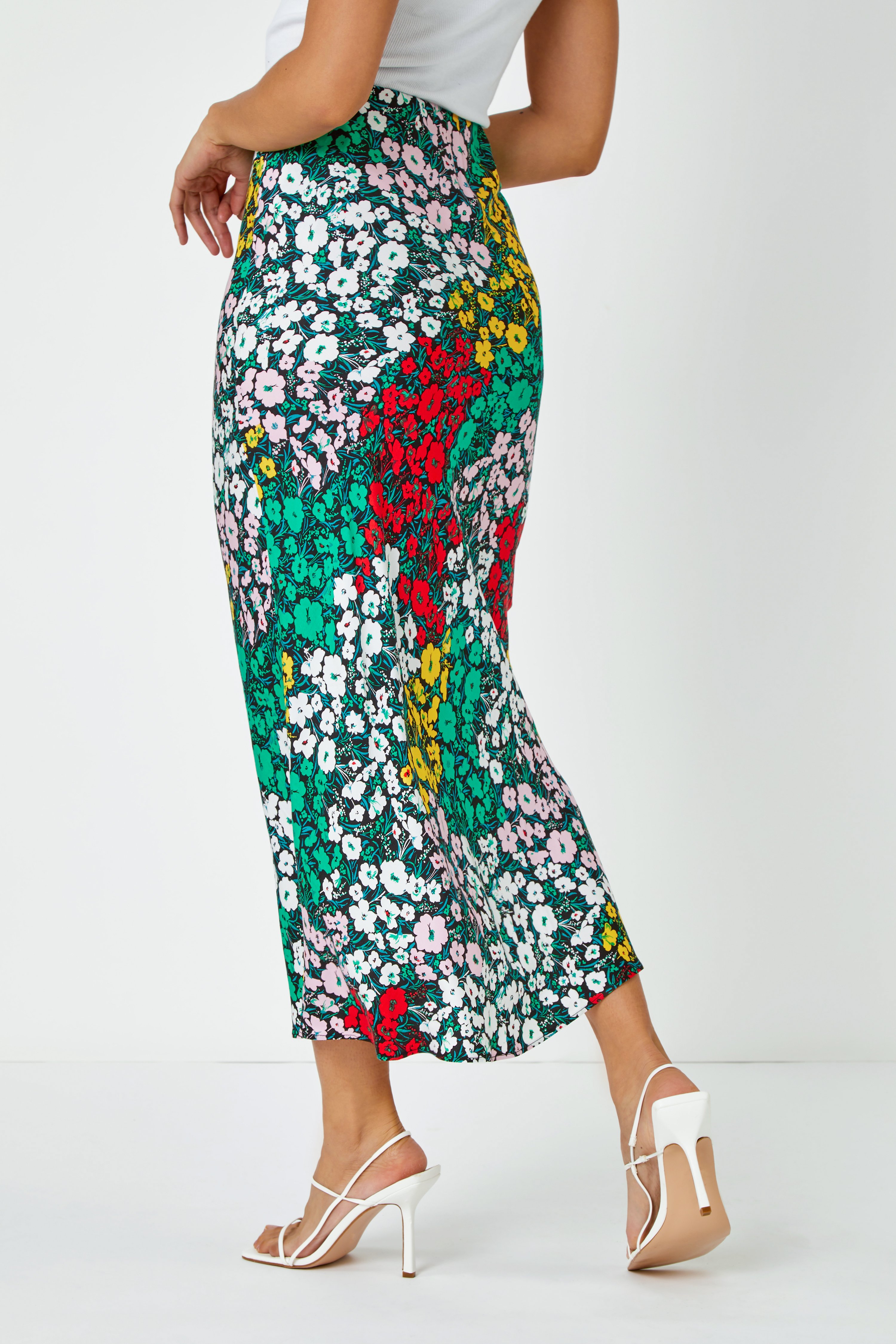 Multi  Contrast Floral Print Midi Skirt, Image 3 of 5