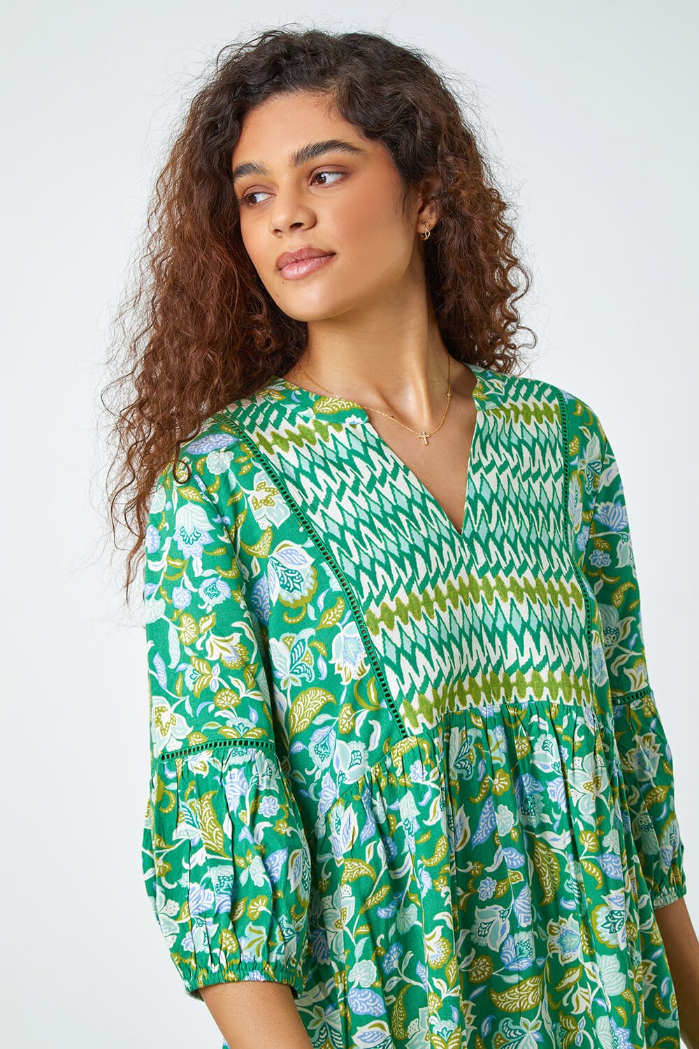 Green Cotton Abstract Floral Ladder Trim Top, Image 4 of 5
