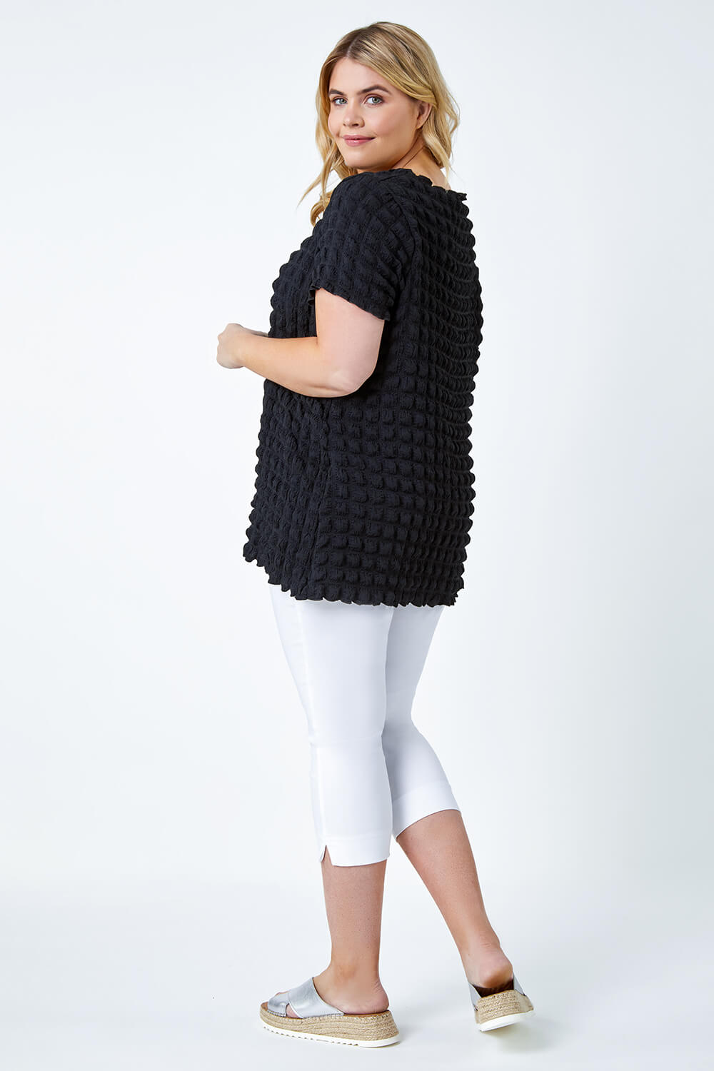 Black Curve Square Textured Stretch Top, Image 3 of 5