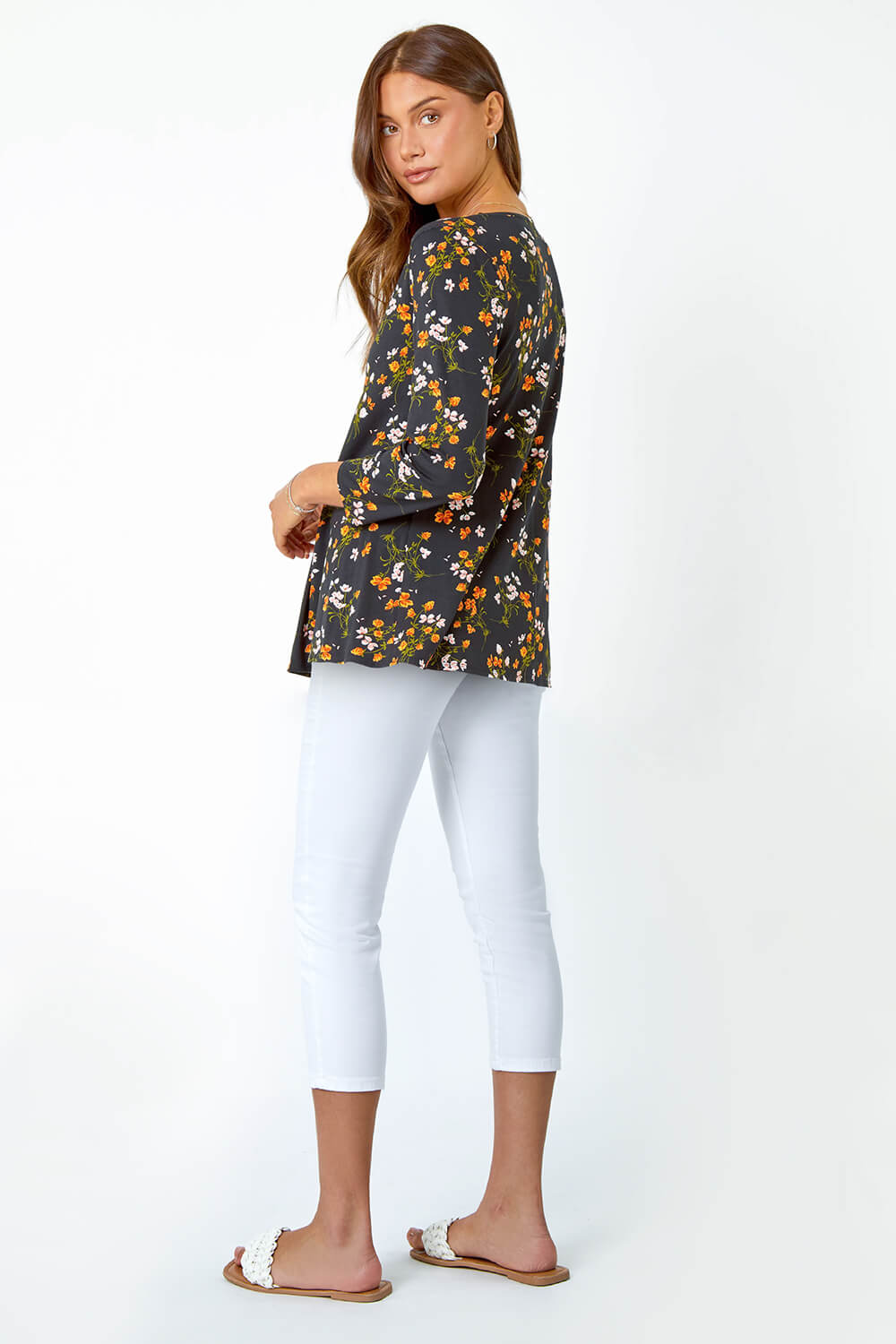 Black Floral Print Swing Stretch Top, Image 3 of 5