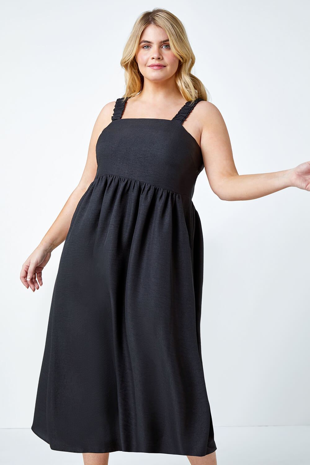 Black Curve Linen Look Ruched Midi Dress, Image 2 of 5