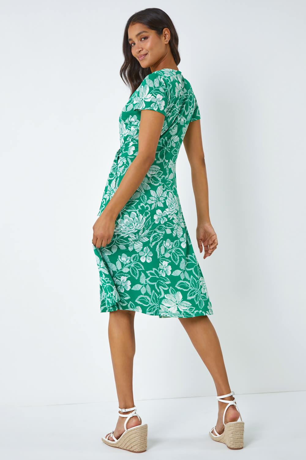 Floral Print Stretch Wrap Dress in Green - Roman Originals UK
