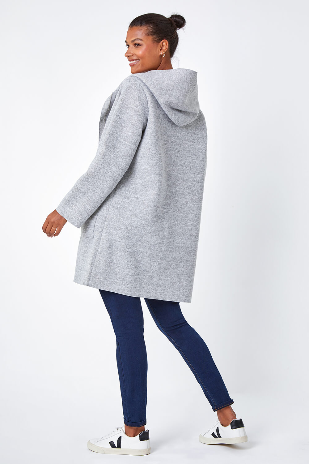 Grey Longline Hooded Stretch Coat, Image 3 of 5