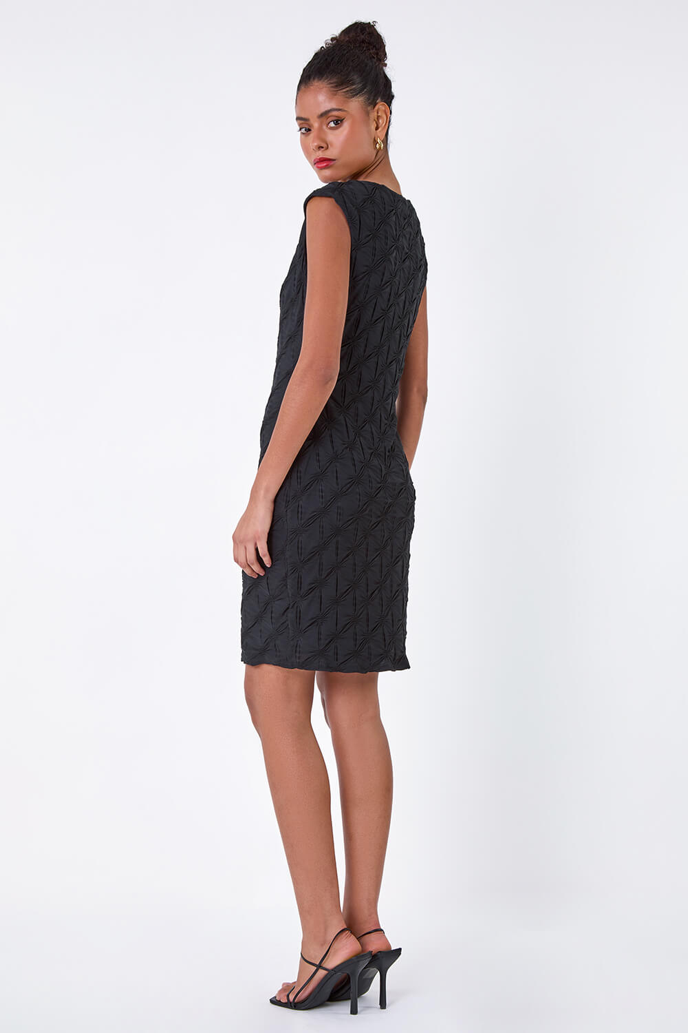 Black Textured Stretch Cap Sleeve Dress, Image 3 of 5
