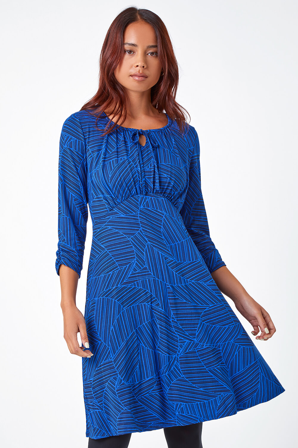 Royal Blue Petite Linear Print Stretch Tea Dress, Image 2 of 5