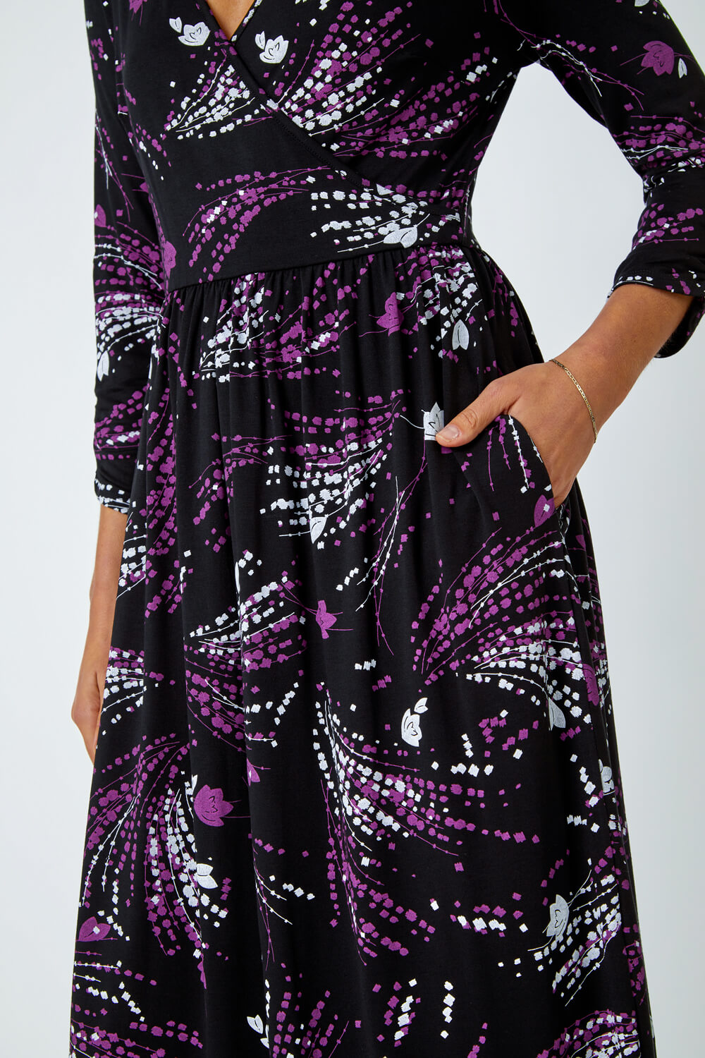 Purple Abstract Print Wrap Midi Stretch Dress, Image 5 of 5