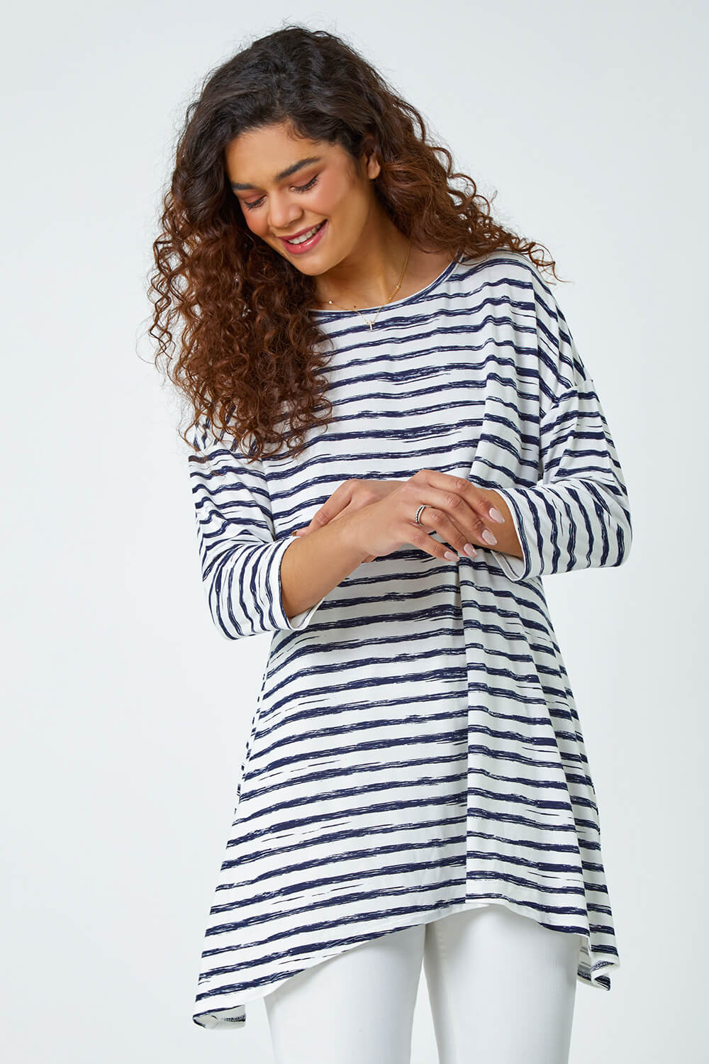 Navy  Abstract Stripe Print Stretch Top, Image 2 of 5
