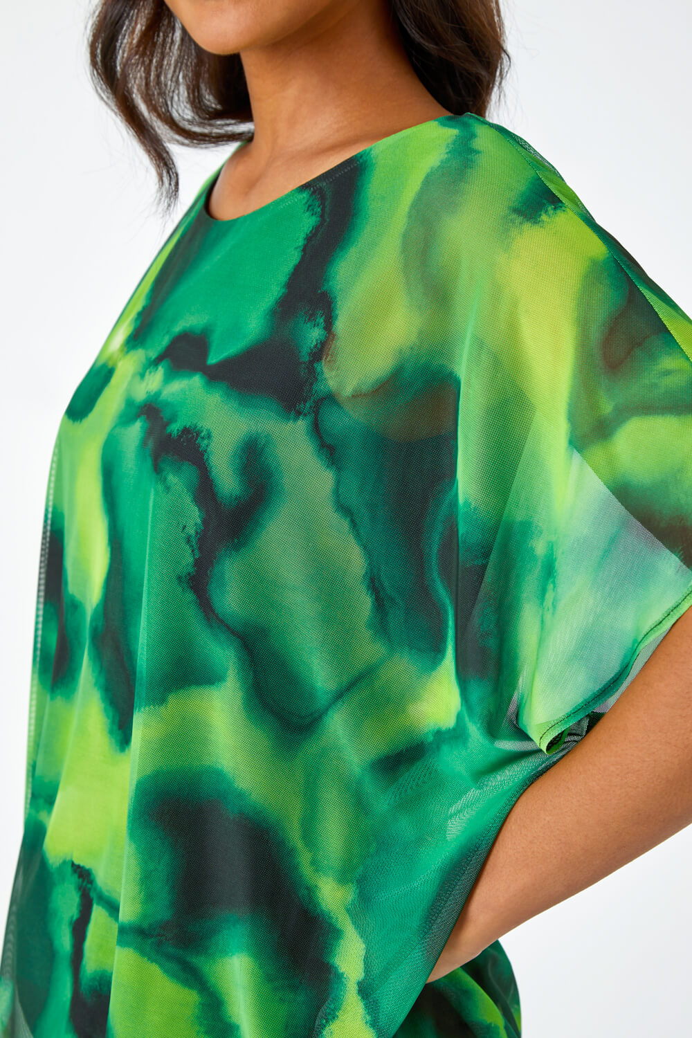 Green Printed Mesh Overlay Batwing Top, Image 5 of 5