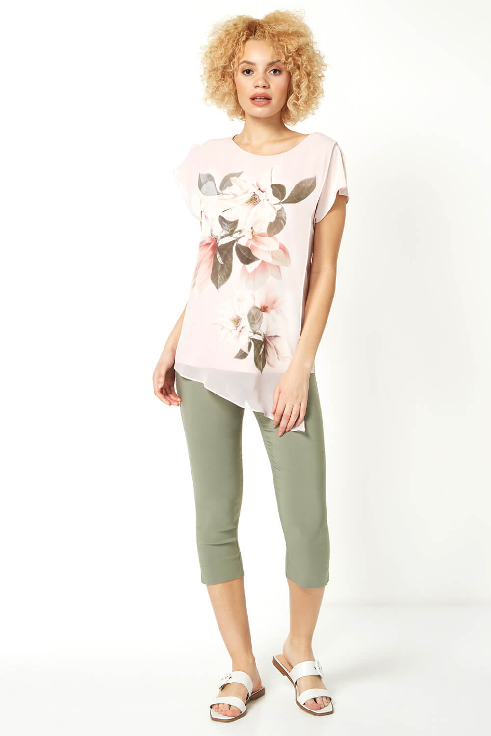 PINK Asymmetric Chiffon Overlay Floral Top, Image 2 of 5