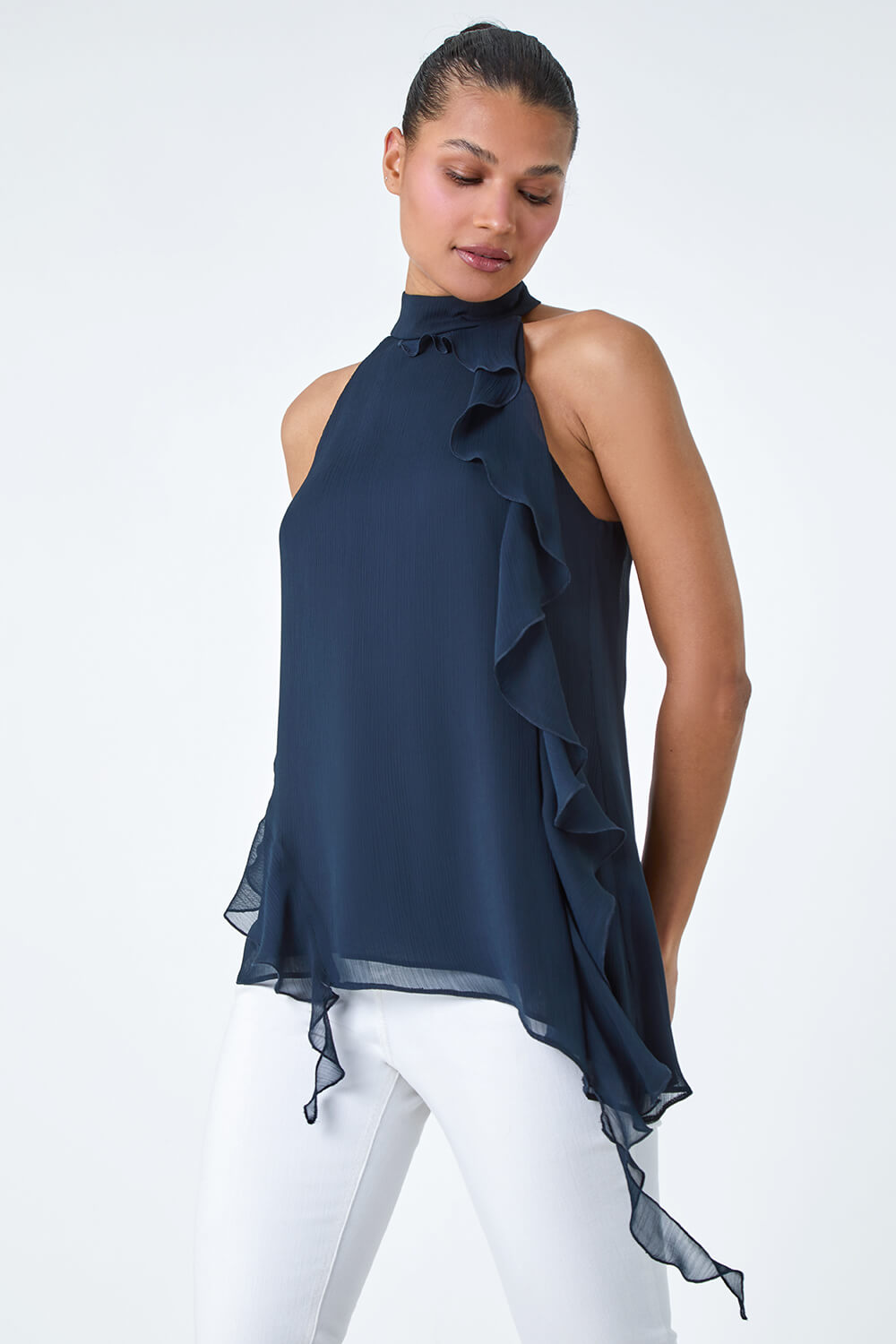 Halterneck Asymmetric Frill Detail Top