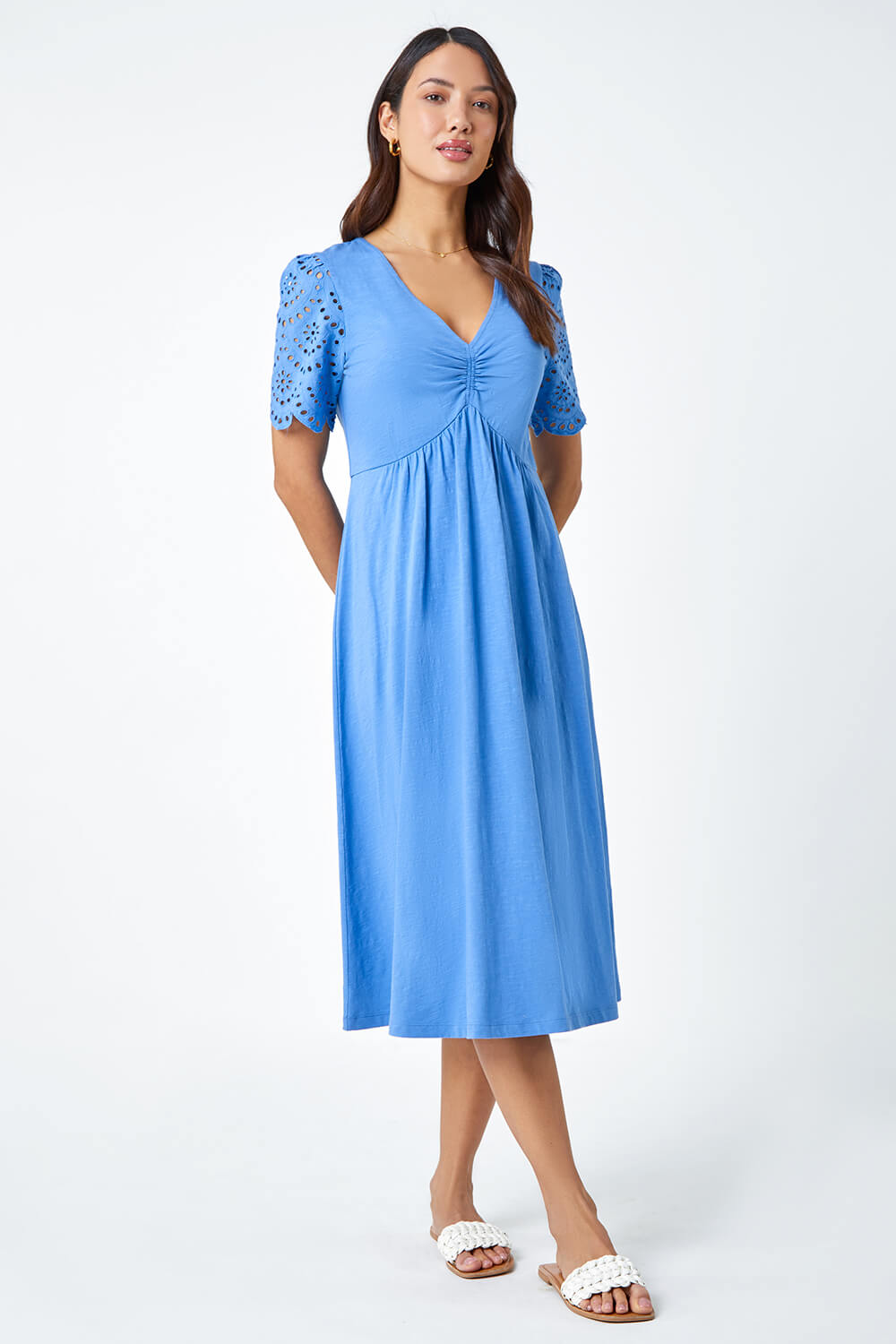 Light Blue  Cotton Broderie Sleeve Midi Dress, Image 2 of 5